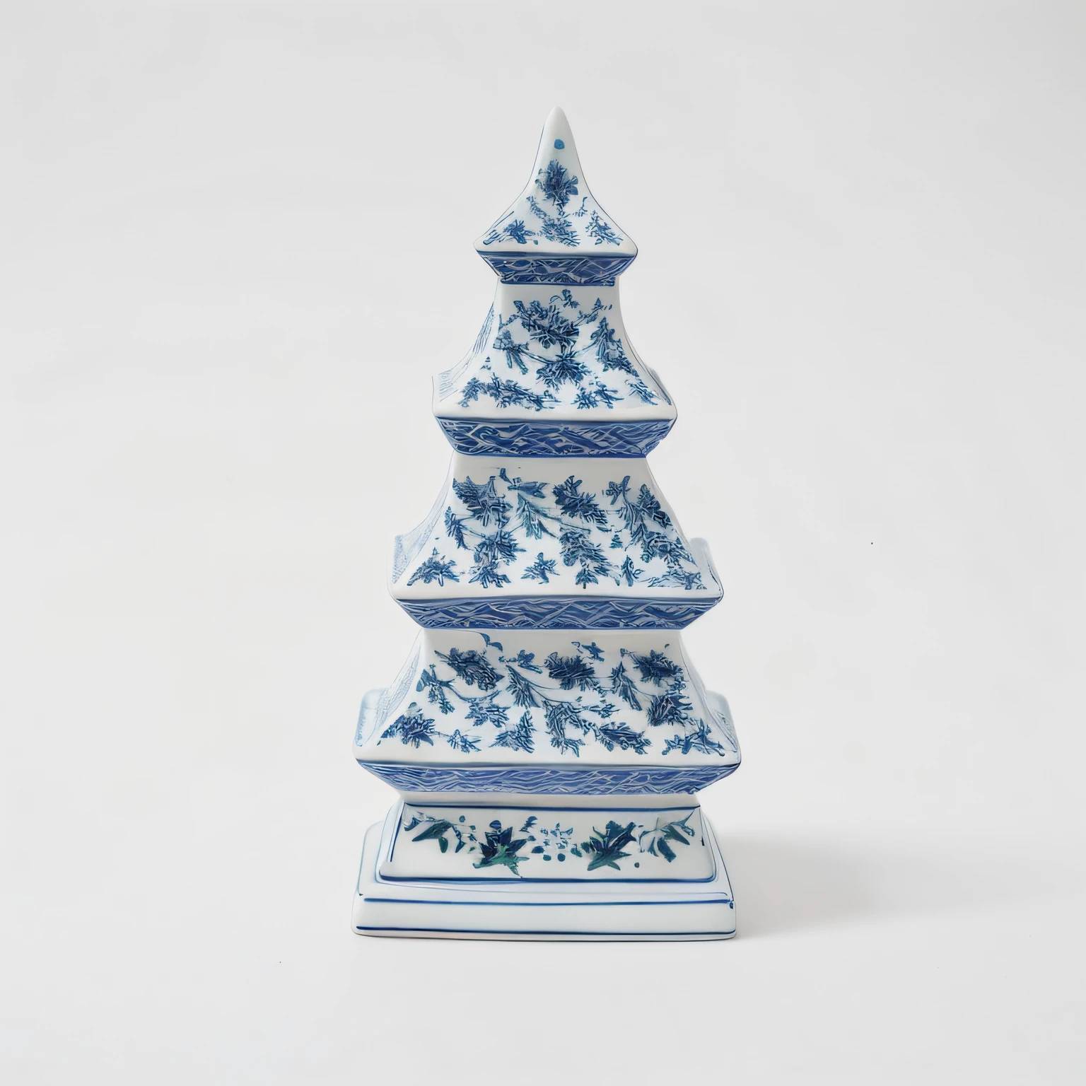 There is a beautifully decorated Christmas tree,Christmas Gree holly and red berries, miniature product photo, ceramic statue, delftware, Decorated with Russian motifs, miniature porcelain model,, Very delicate décor, ceramic base, pagoda, with ornamental edges, rococo ornament, porcelain sculpture, Blue bonsai, Holly and berries, hyper detailed ornament, Christmas Gree holly and red berries
