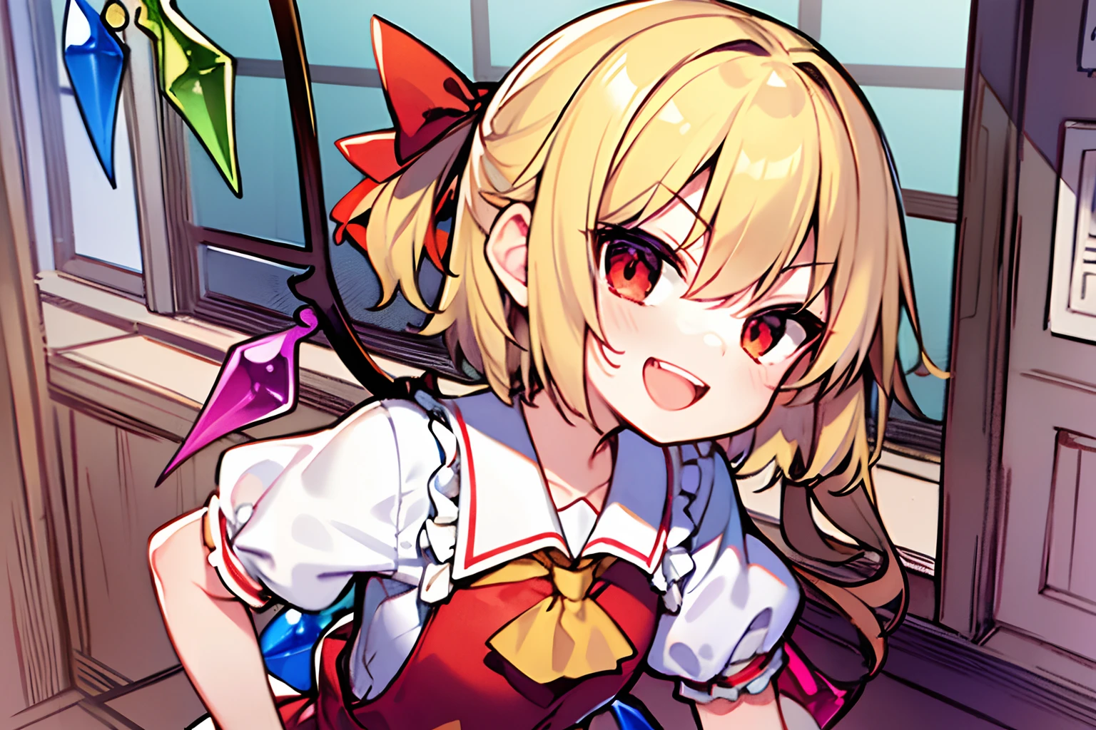 One Person、(Flandre Scarlet)、Petite、One girl、Mean smile、shortsleeves、Opening Mouth、a blond