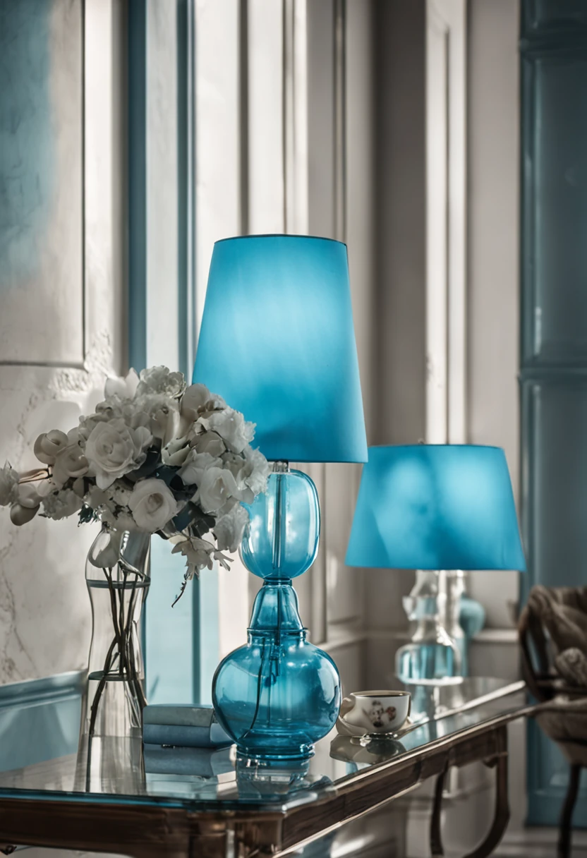 There was a blue glass lamp on the table,Shades of white, famous designer lamp, The standing lights are luxurious, light fixtures, light blues, mellow sky blue lighting, soft blue light, table light, with blue light inside, stylish lighting, Blu-ray accents, Blue light, extremely good quality lighting, lamp lights, exceptional lighting, Light blue, bright and vivid lighting, teal lighting,book,