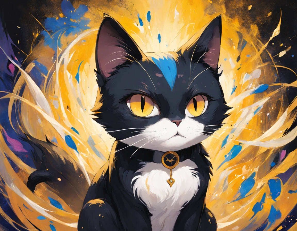 Gato en el arte, tuxedo cat, Aseo de ojos estrechos、ocio、Color principal negro, Color secundario cian, Fondo amarillo dorado, artistic, sofisticado, Warm style, Las formas incluyen gatos abstractos, Playful forms, Pieza elegante, Las texturas incluyen texturas de pelaje, Pintura lisa, textura de la tela, Lines contain elegant lines, Curvas naturales, Silueta delicada, La forma es elegante, accesible, expresivo, aesthetic.
