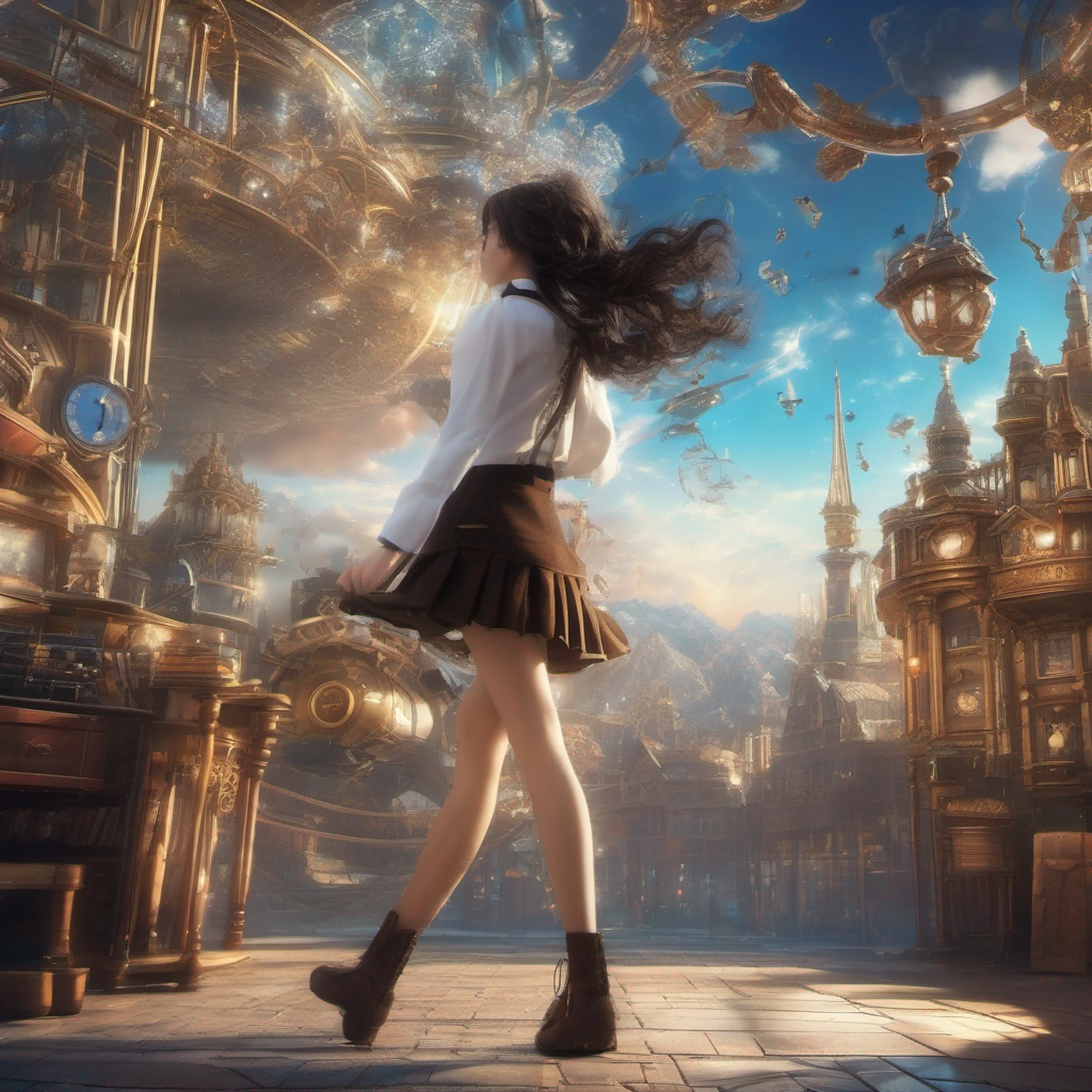 ccurate, best quality, masterpiece, UHD, high details, award winning, (Amazing:2.0), (Surrealism), Conceptual art, Verism, cinematic lighting, floating island in the sky, (((beautiful steampunk))), blue sky, paradise scenery, wind flow, (((fantasy))), frontier, (magnificent space), blurry foreground, bokeh, Hasselblad, lens flare, beautiful school girl, (17 yr old), ((((full body)))), from behind, she moving, without looking at me, (((wearing school uniform))), black eyes, black hair, (floating hair), ((8 life size)), detailed hairstyles, detailed bodyline, anatomically correct, cute face, ((accurately portray her)),