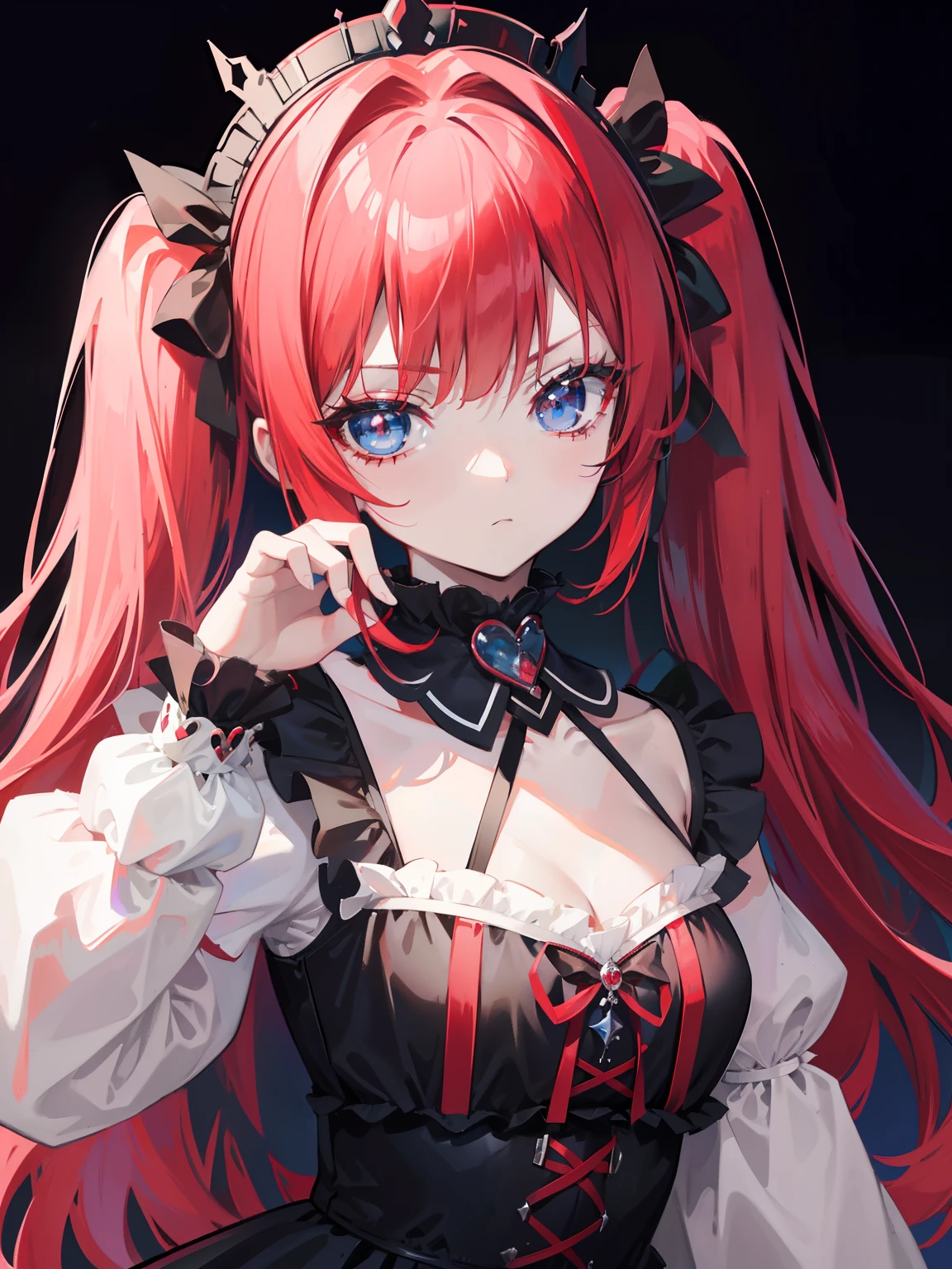 Red hair, Blue eyes, twintails, Goth Lolita, Darkgoth, Collar,Crown tiara,pride,solo,loli,Long hair,{{best quality}}, {{masterpiece}}, {{ultra-detailed}}, {illustration}, {detailed light}, {an extremely delicate and beautiful},,cute,