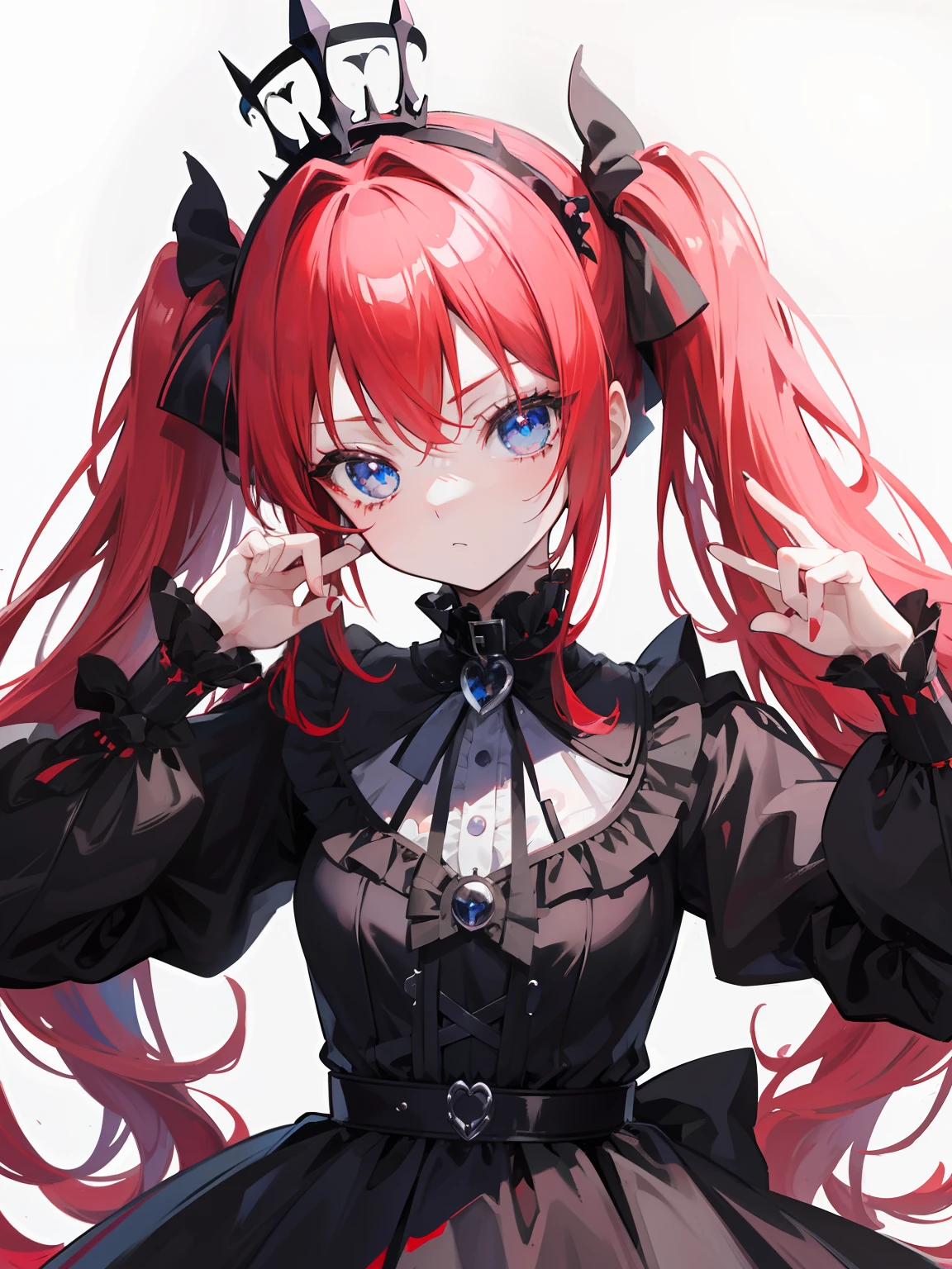 Red hair, Blue eyes, twintails, Goth Lolita, Darkgoth, Collar,Crown tiara,pride,solo,loli,Long hair,{{best quality}}, {{masterpiece}}, {{ultra-detailed}}, {illustration}, {detailed light}, {an extremely delicate and beautiful},,cute,