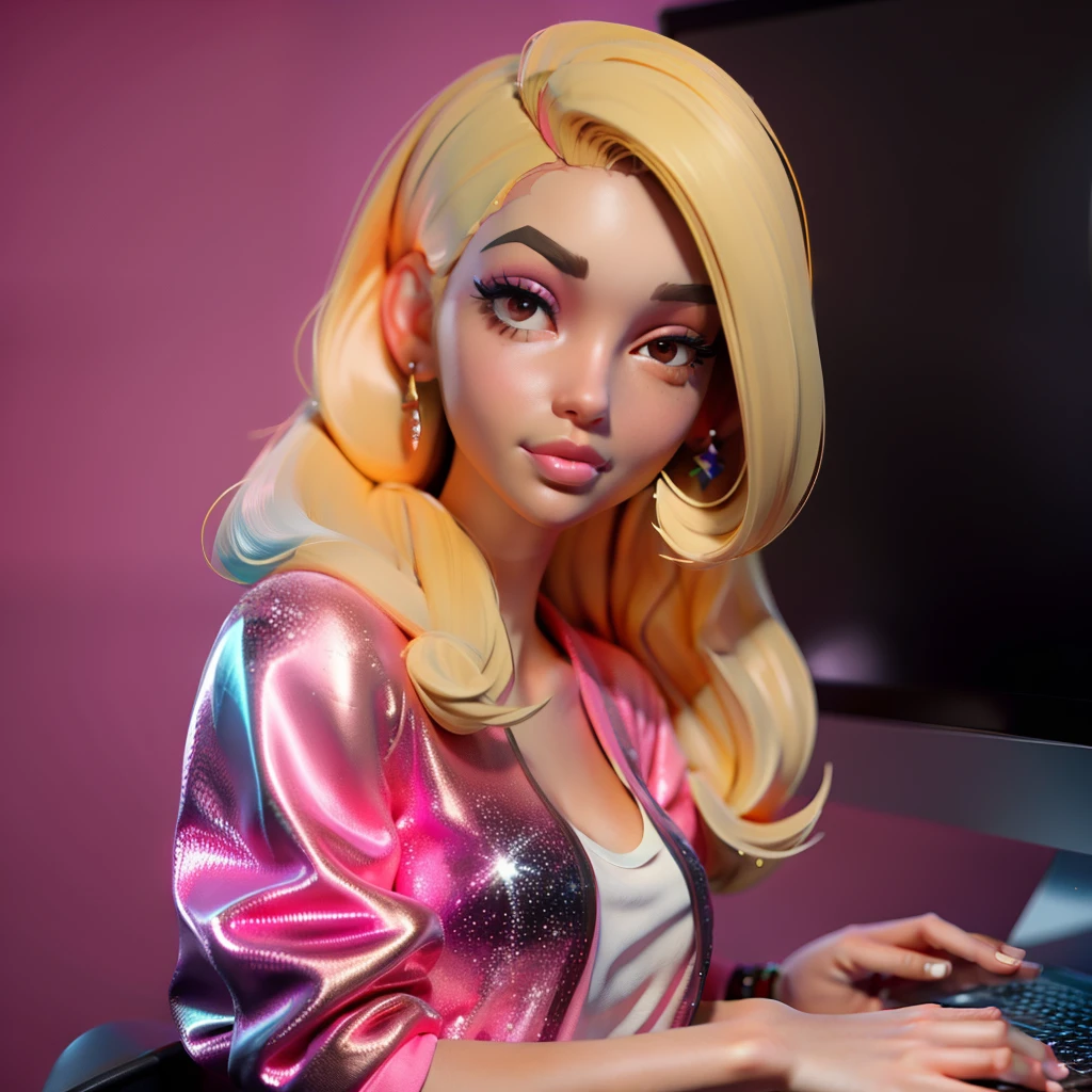 A morden Girl, brown skin, pink theme, sparkling simple make up, sparkling face, sparkling lips, hippie clothes, high quality pictures, her and her computer, nerd, sparkling pictures
