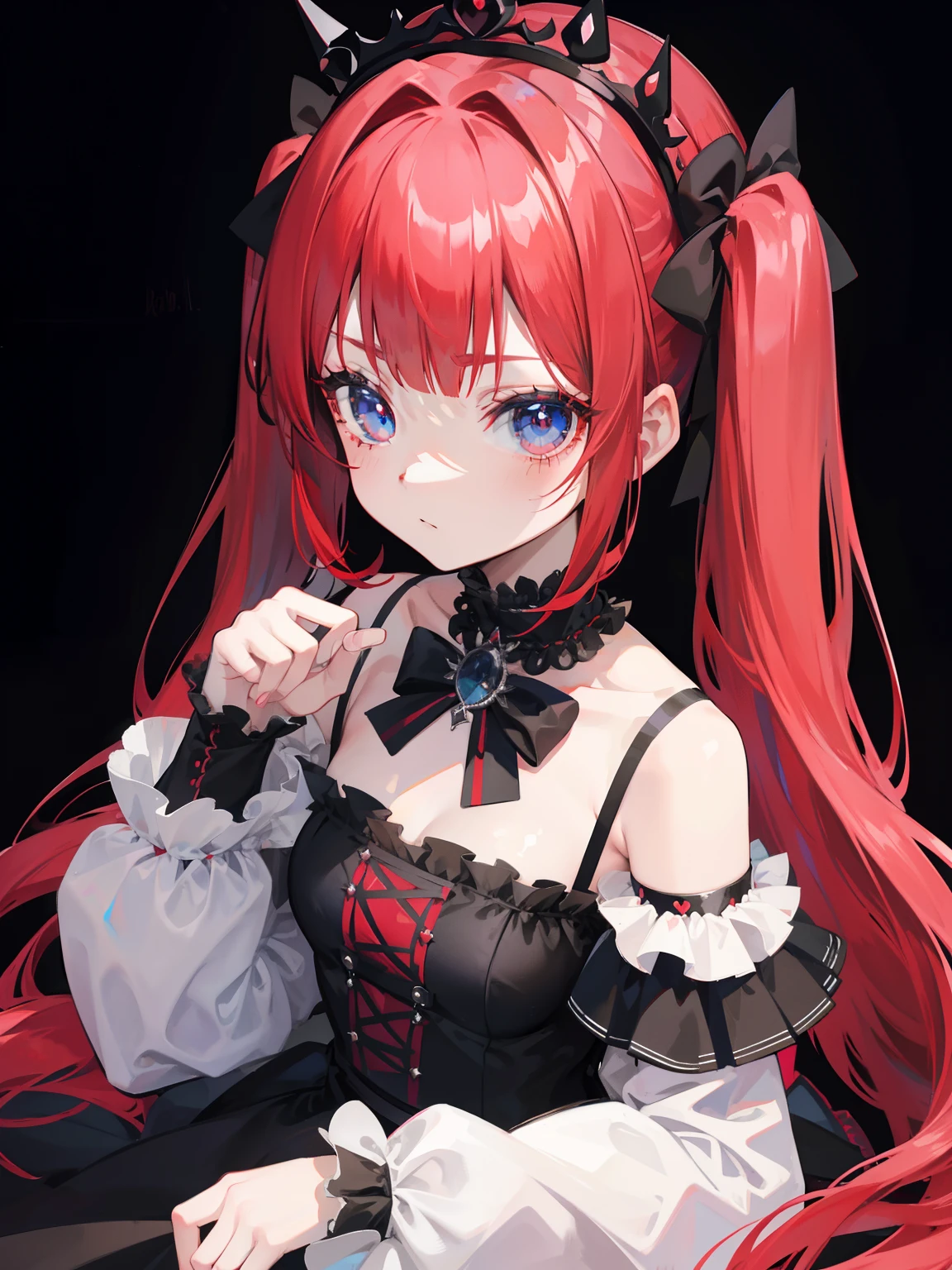 Red hair, Blue eyes, twintails, Goth Lolita, Darkgoth, Collar,Crown tiara,pride,solo,loli,Long hair,{{best quality}}, {{masterpiece}}, {{ultra-detailed}}, {illustration}, {detailed light}, {an extremely delicate and beautiful},,cute,