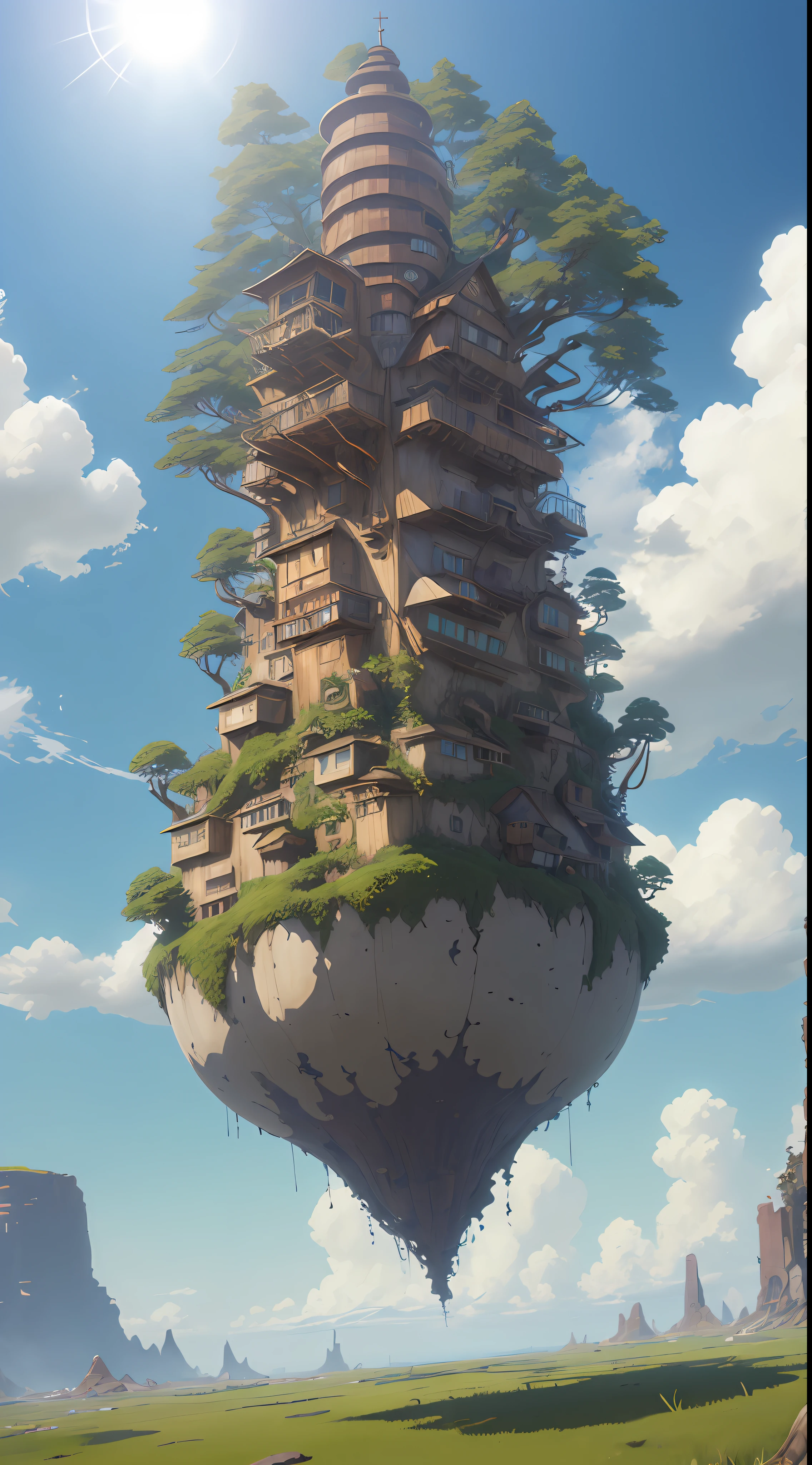(((Laputa))), floating in ((air)), Hayao Miyazaki style, Studio Ghibli, Unreal Engine 5, ((clouds)), ((sunlight)), ultra-detailed, most Good picture quality.