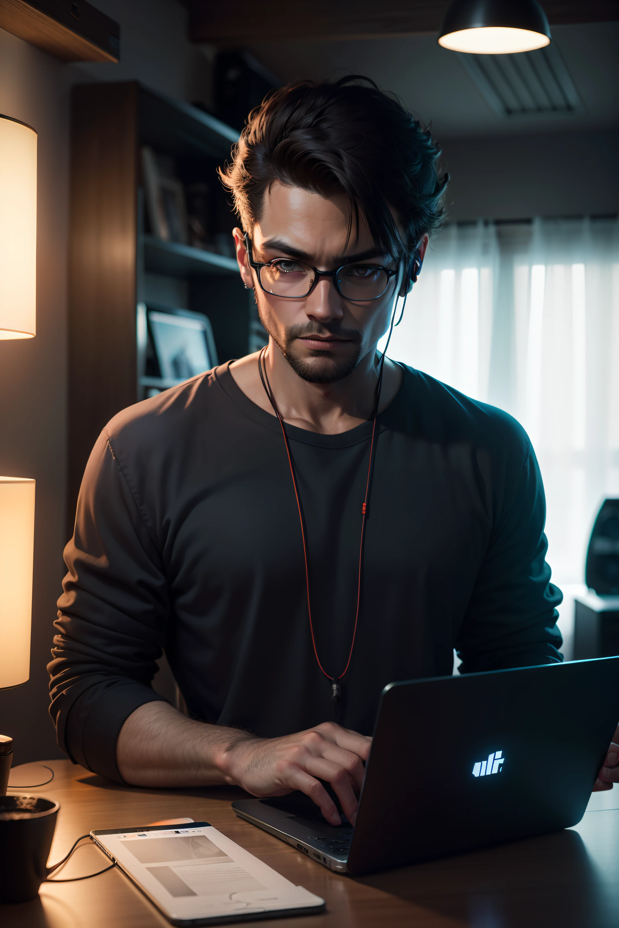um homem em uma sala cyberpunk trabalhando em Laptop, Fotografia 8k, 50mm f/1.8 lentes, luz natural, nigth hora, alto contraste, studio illumination, nigthlight entrando. fotografia profissional, quarto escuro, neon vermelho de uma casa, mesa do computador, Redfones, home office, um homem vestindo um moletom preto com capuz, Usando fones de ouvido, Alaska