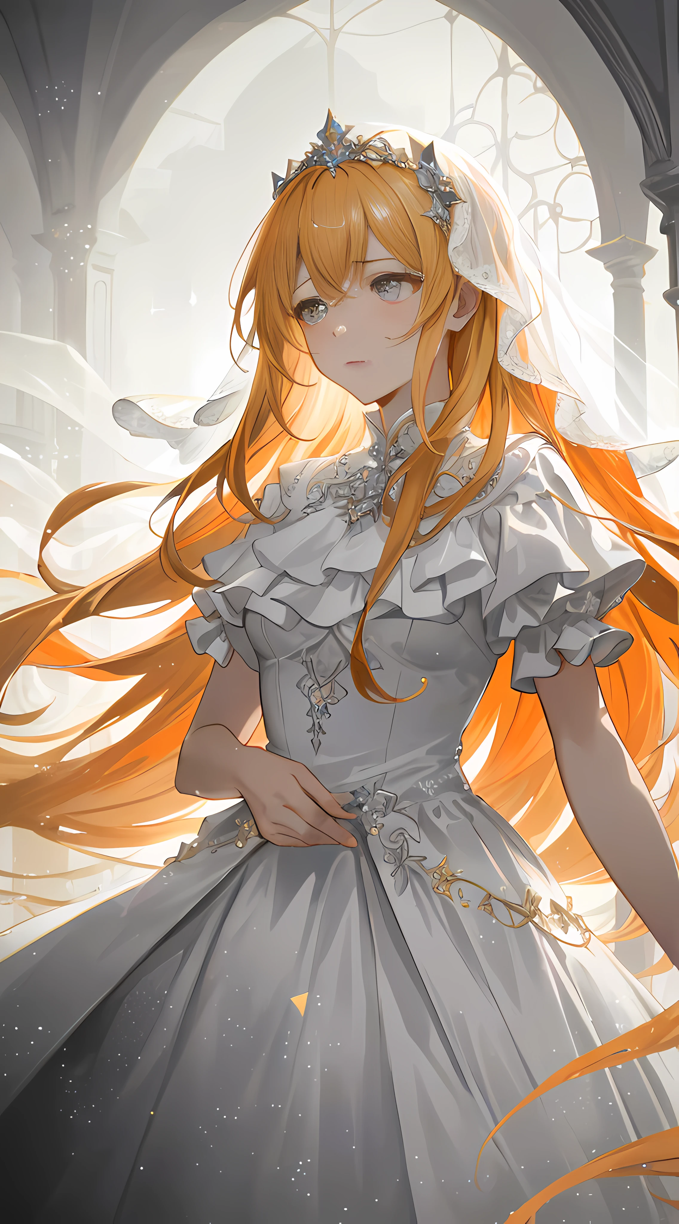 Story, sparkling beautiful eyes, blonde hair, bride posing under a fairy tale, elaborate scene style, glitter, orange, realistic style, 8k,exposure blend, medium shot, bokeh, (hdr:1.4), high contrast, (cinematic, dark orange and white film), (muted colors, dim colors, soothing tones:1.3), low saturation, (hyperdetailed:1.2), (noir:0.4),1 girl