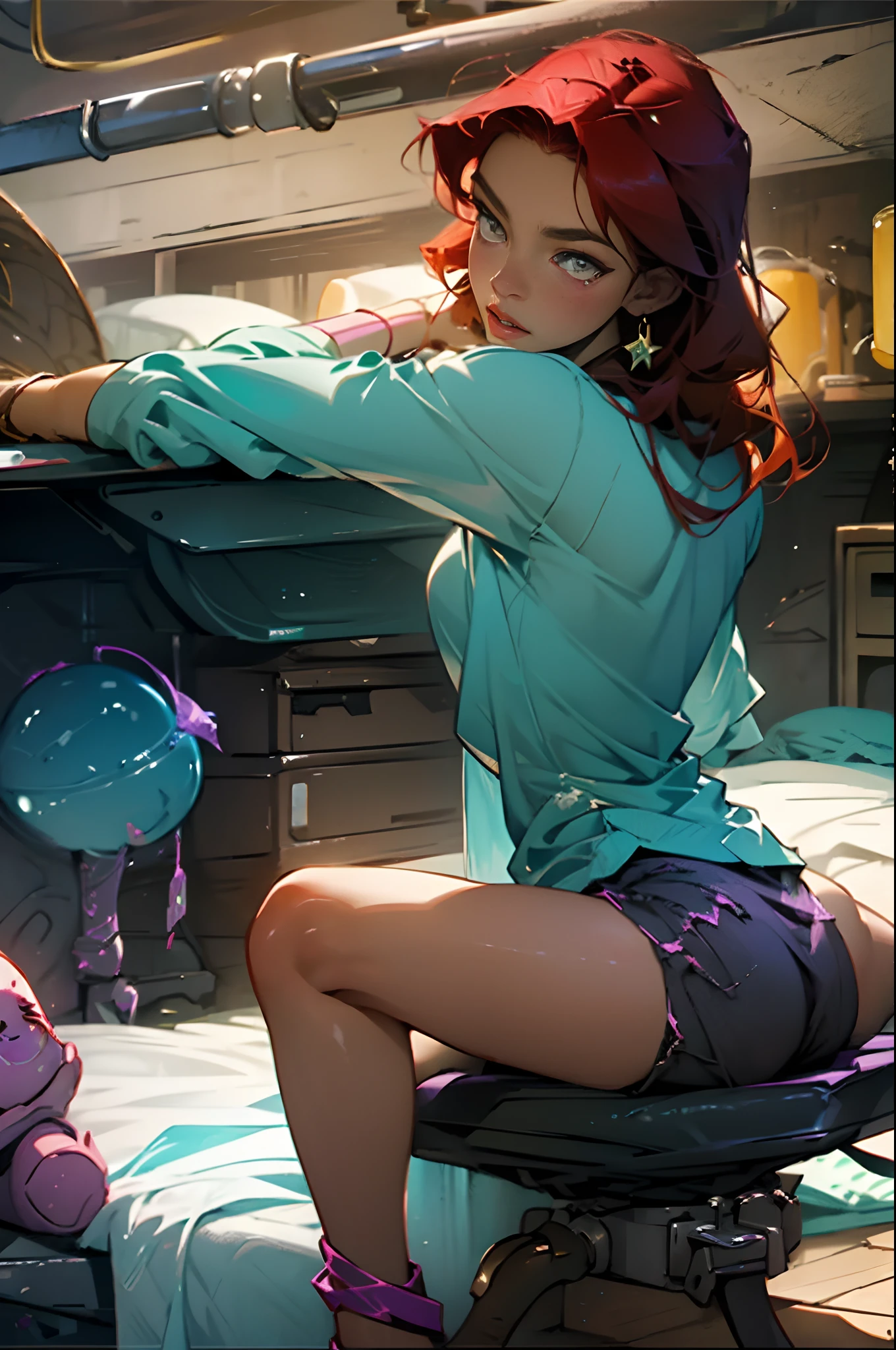 Starfire, mature, tan skin, laying on bed, dark red hair,