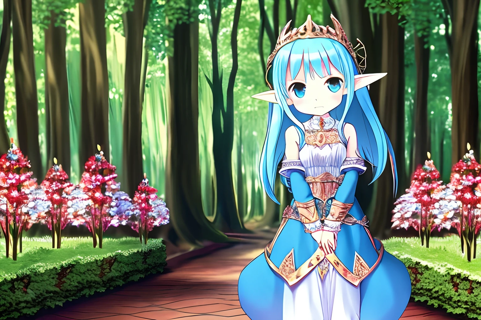 Beautiful charming elf girl in front, Elf Garden, Magic Lake, Brown air, 18th century, fantasy, Cinematic