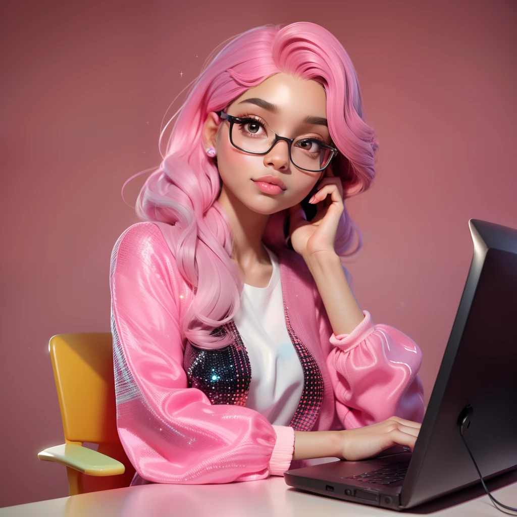 A morden Girl, brown skin, pink theme, sparkling simple make up, sparkling face, sparkling lips, hippie clothes, high quality pictures, her and her computer, nerd, sparkling pictures