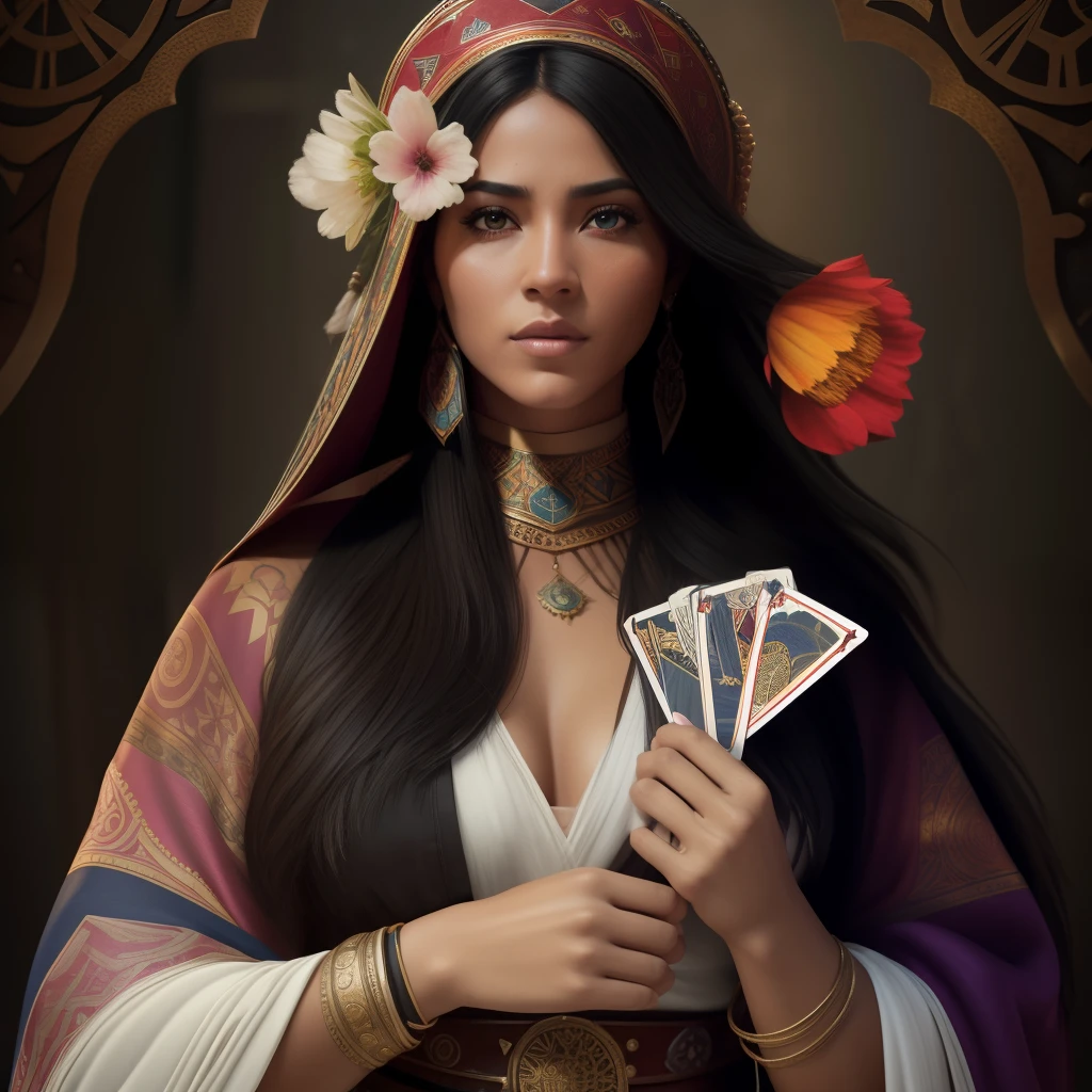 Crie a imagem de um produto extremamente bonito, sensual, mulher sexy, A mulher mais bonita do mundo, holding tarot cards in the background, a large exoteric mandala, Dramatic Illumination of American Indians;, digital art trending on Artstation 8k HD high definition detailed realistic, circunstanciado, textura da pele, hiper detalhado, textura de pele realista, armadura, melhor qualidade, ultra high-resolution, (fotorrealista:1.4), high resolution, circunstanciado, Foto RAW, sharp re, by Lee Jeffries Nikon D850 film Stock Photography 4 Kodak Portra 400 camera F1.6 lens rich colors hyper realistic lifelike texture dramatic lighting unrealengine trending on artstation cinestill 800,