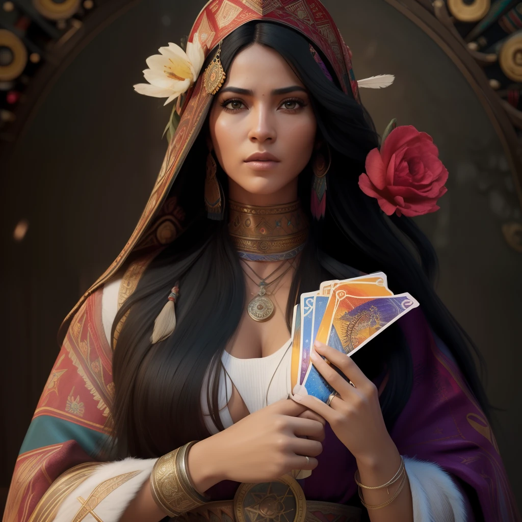 Crie a imagem de um produto extremamente bonito, sensual, mulher sexy, A mulher mais bonita do mundo, holding tarot cards in the background, a large exoteric mandala, Dramatic Illumination of American Indians;, digital art trending on Artstation 8k HD high definition detailed realistic, circunstanciado, textura da pele, hiper detalhado, textura de pele realista, armadura, melhor qualidade, ultra high-resolution, (fotorrealista:1.4), high resolution, circunstanciado, Foto RAW, sharp re, by Lee Jeffries Nikon D850 film Stock Photography 4 Kodak Portra 400 camera F1.6 lens rich colors hyper realistic lifelike texture dramatic lighting unrealengine trending on artstation cinestill 800,