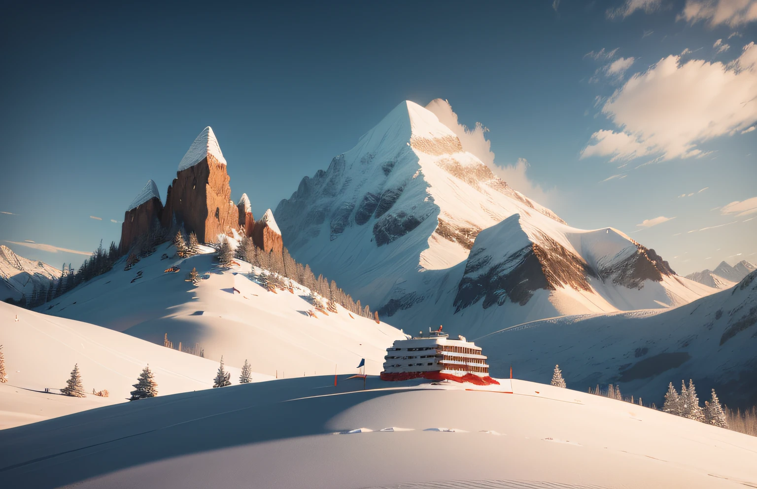 A snow-capped mountain,There is a red helicopter on the ground,There was a man standing next to him,There is a snowflake in the middle, a beautiful land art of a large, snow field, land art, Very artistic, Fractal engraving, with radiating hill, : Psychedelic ski resort, Psychedelic ski resort, snow dunes