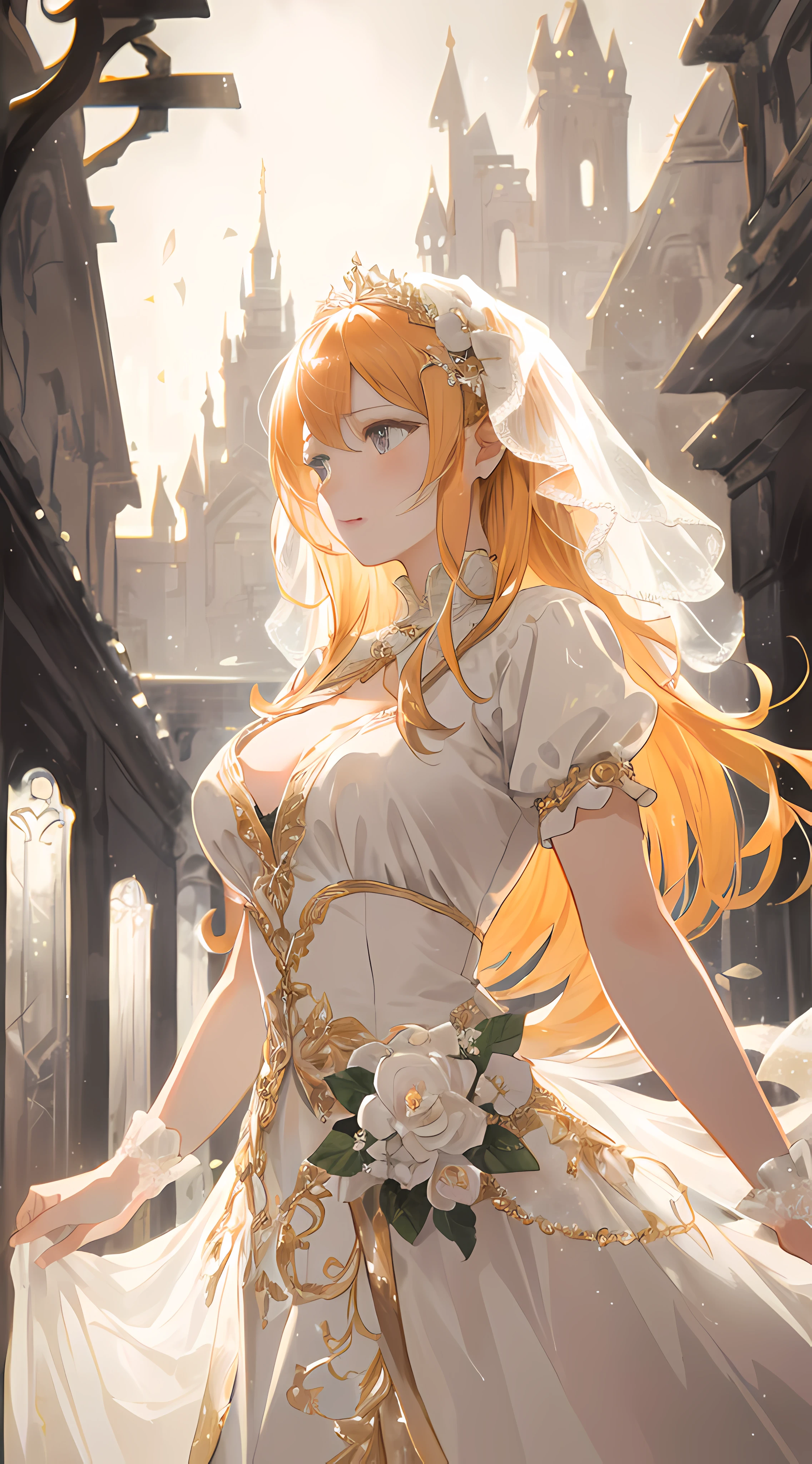 Story, sparkling beautiful eyes, blonde hair, bride posing under a fairy tale, elaborate scene style, glitter, orange, realistic style, 8k,exposure blend, medium shot, bokeh, (hdr:1.4), high contrast, (cinematic, dark orange and white film), (muted colors, dim colors, soothing tones:1.3), low saturation, (hyperdetailed:1.2), (noir:0.4),1 girl