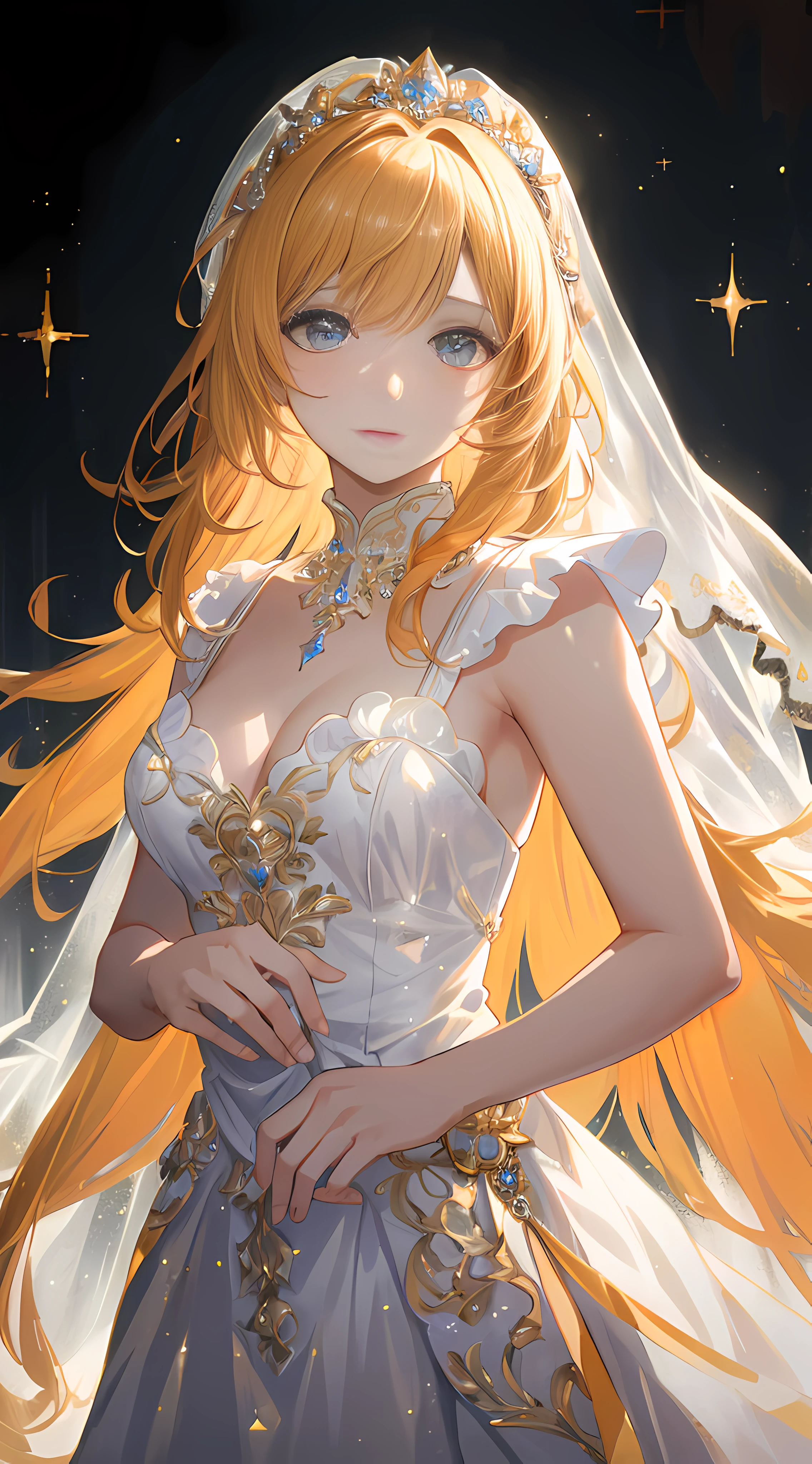Story, sparkling beautiful eyes, blonde hair, bride posing under a fairy tale, elaborate scene style, glitter, orange, realistic style, 8k,exposure blend, medium shot, bokeh, (hdr:1.4), high contrast, (cinematic, dark orange and white film), (muted colors, dim colors, soothing tones:1.3), low saturation, (hyperdetailed:1.2), (????:0.4),1 girl