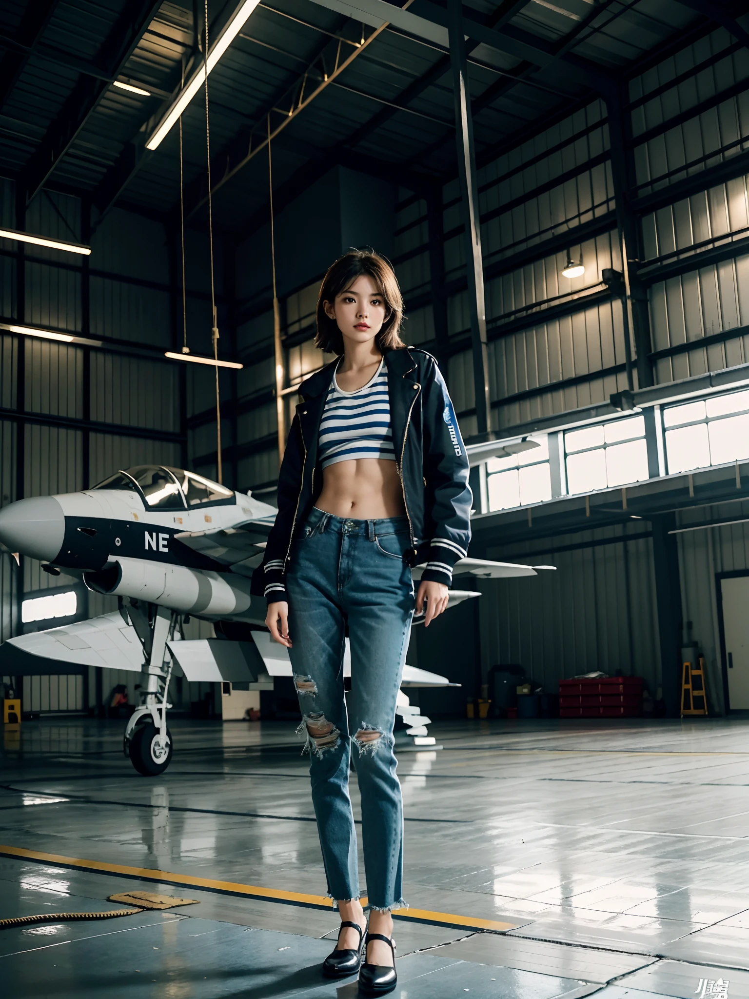 ((smallunderboob,Tomboyish,small heads)), (Well-defined abs: 1.1), (perfect bodies: 1.1), (short-length straighthair: 1.2), Black hair, upper body photos,，（极其细致的CG 8k壁纸），（Extremely refined and beautiful），（tmasterpiece），（best qualtiy：1.0），（超高分辨率：1.0），beautiful light up，Perfect lightning，realistic shaded，[A high resolution]，Smooth and flawless fair skin，ultra - detailed ，Elongated legs，flatchest，Slim，emaciated，Female repairman，In the hangar of the fighter，Spacious hangar，during night，Dim light，Huge Su-27 fighter，Under the wing of the fighter，Next to the landing gear of the fighter，Next to the tires，are standing，Wear dirty white gloves on both hands，Dark blue jeans jacket top，Dark blue and white horizontal striped vest，Dark blue fabric trousers，Black cloth shoes