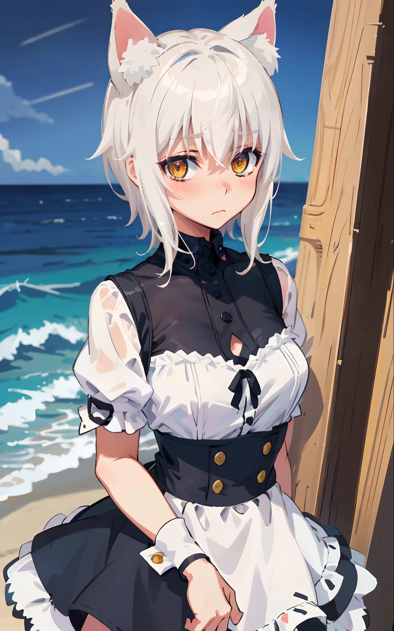 Best quality, (masterpiece:1.2), highly detailed, standing, beach, cat ears, 1girl, solo, tojo koneko, looking at the viewer, closed mouth, (upper body:1.2), medium breasts, yellow eyes, white hair, short hair, hair decoration, elegant dress, erotica, blushed