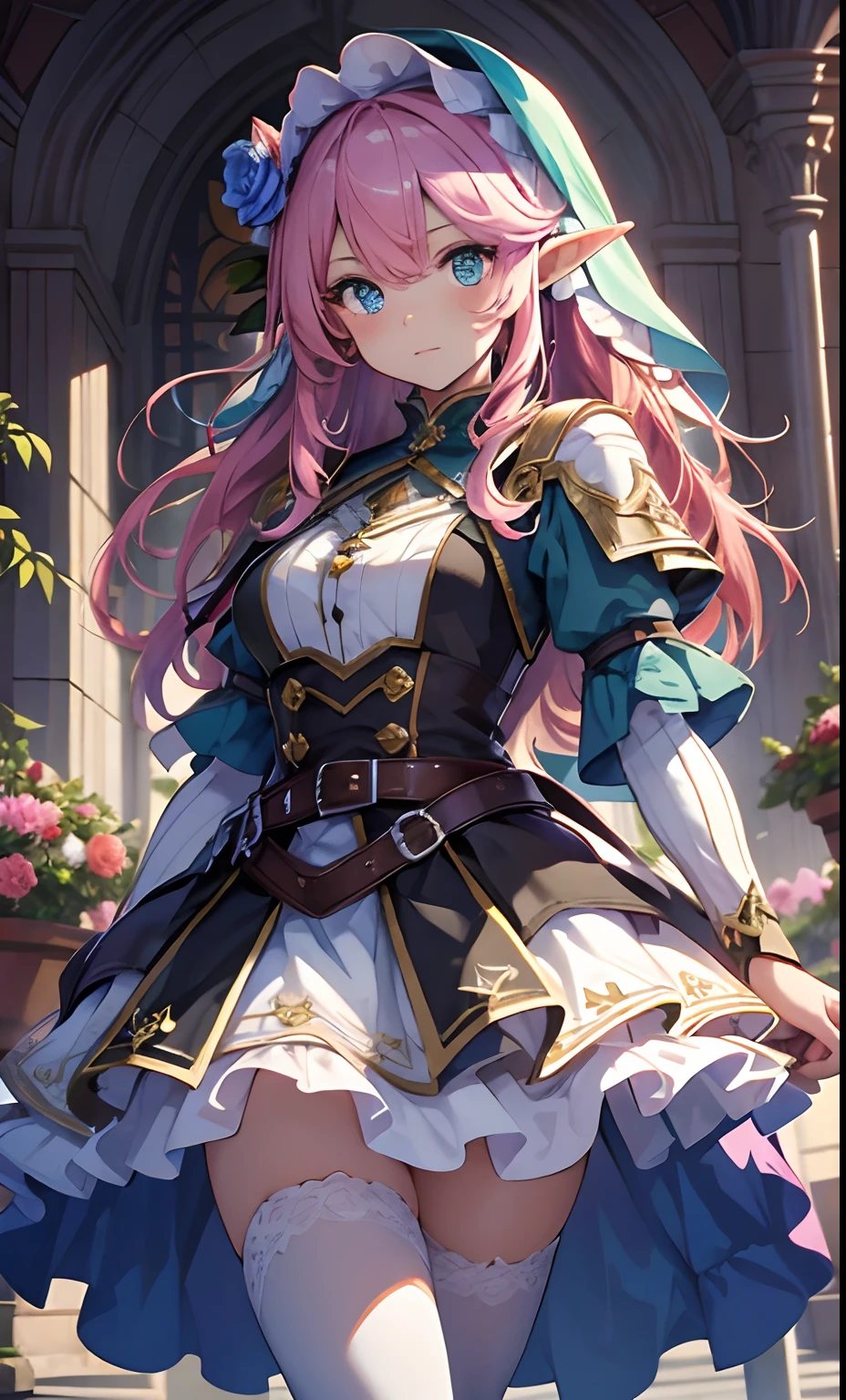 best qualityer,tmasterpiece,Ultimate resolution,downy,Extremely colorful,Colorful,western regions,elf girl, Dancer,pink hairbl,dress costumes,flowers in hair, veils,Normal posture