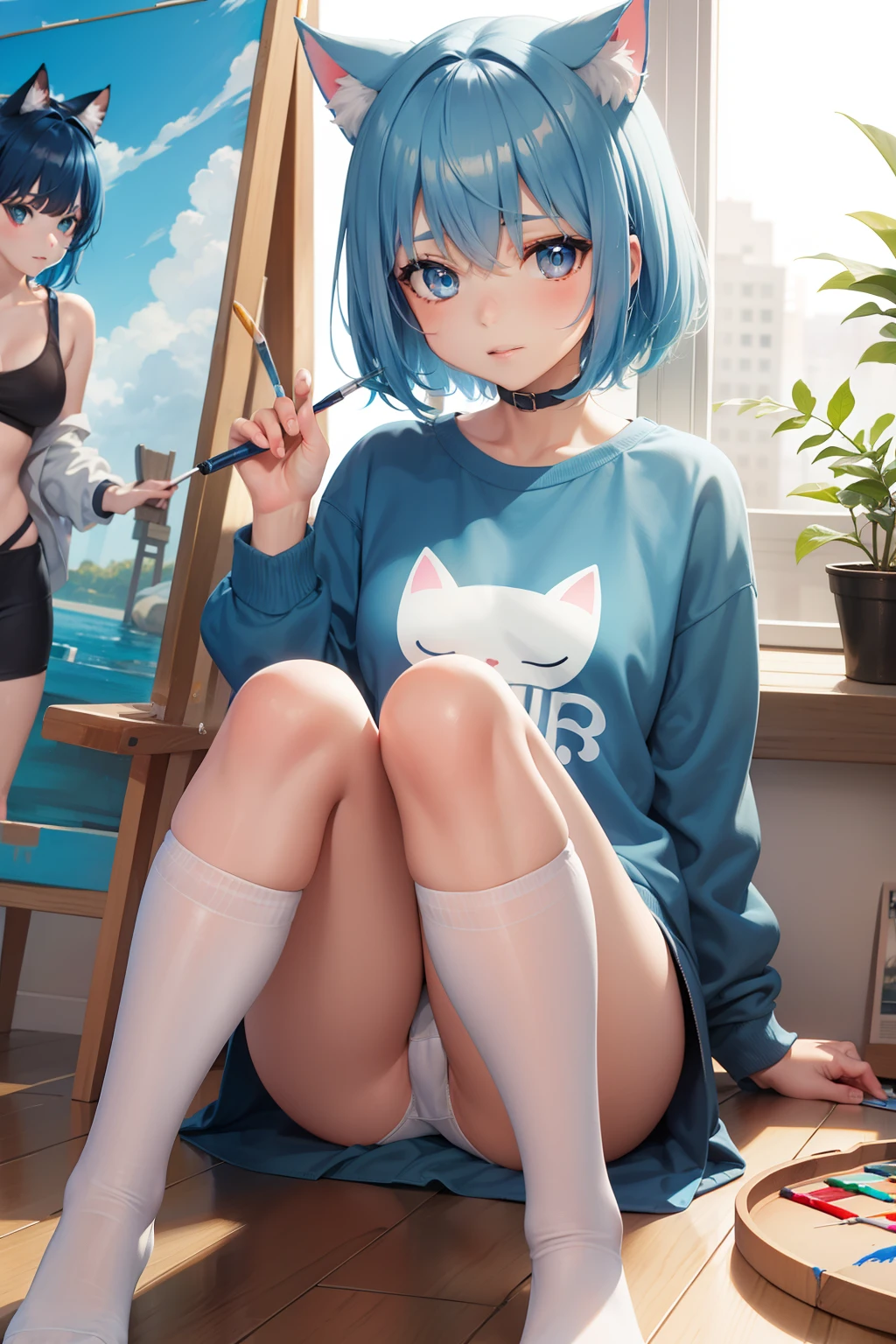 Blue hair and sweatshirt, Cute and seductive girl, Painting Tools SAI Patron, Blue pupils Blue hair short hair, White stockings,JK,White panties,cat ear,