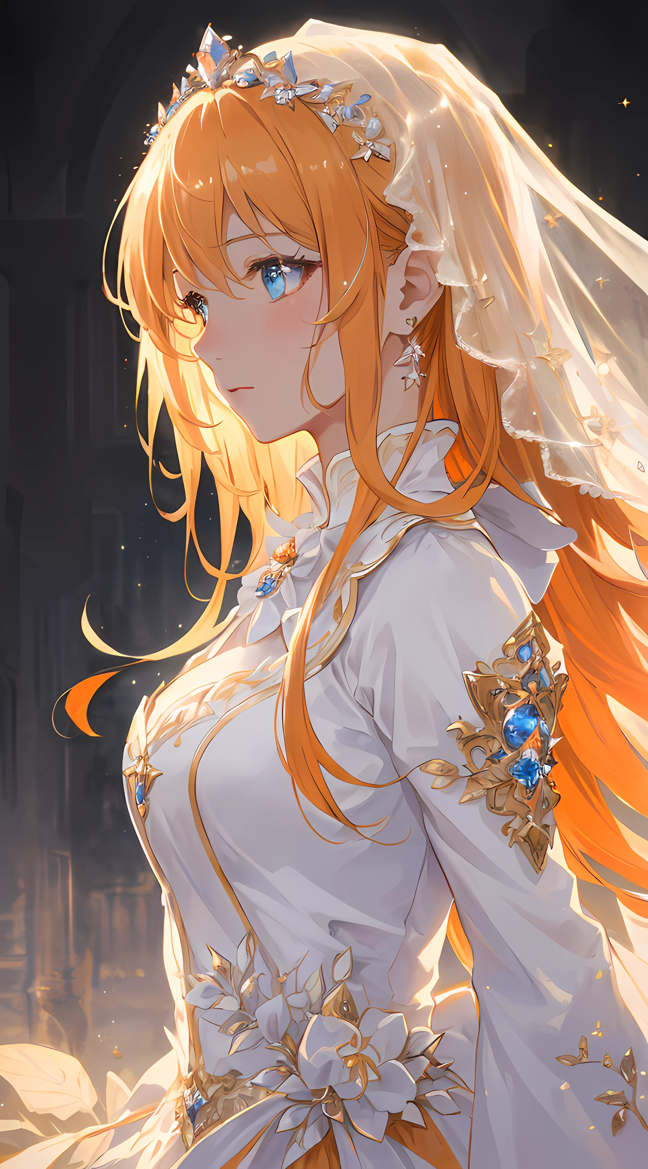 Story, sparkling beautiful eyes, blonde hair, bride posing under a fairy tale, elaborate scene style, glitter, orange, realistic style, 8k,exposure blend, medium shot, bokeh, (hdr:1.4), high contrast, (cinematic, dark orange and white film), (muted colors, dim colors, soothing tones:1.3), low saturation, (hyperdetailed:1.2), (noir:0.4),1 girl