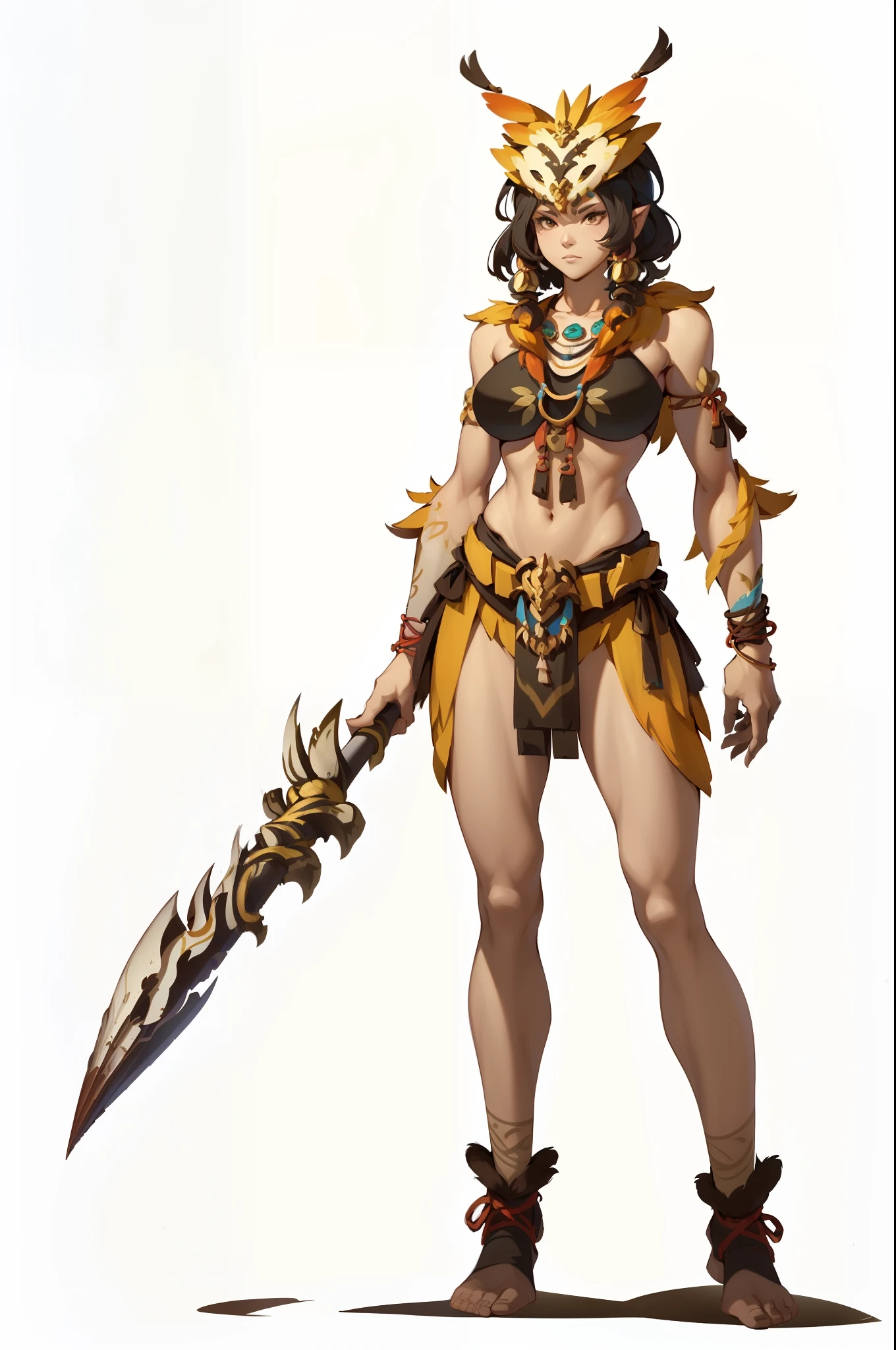 ((top-quality))、((tmasterpiece))、((Full body photo of a woman))、((very simple background))、(Game character design)、character  design，Primitive tribal elements，standing on your feet，Holding a weapon，独奏，Oka design，musculature，furred