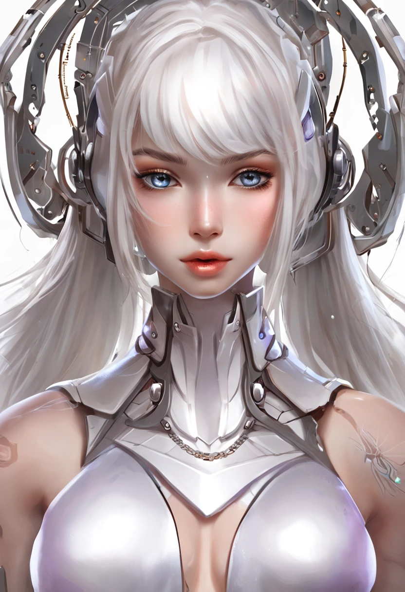 Hyper-realistic,Live-action photo,Stunning beauty,half-body shots,One wearing a pink metal mechanical skirt on a solid background,Silver-white shawl haired woman, 3 D rendering character art 8 K, Cyborg - Girl with white hair, beautiful female android!, beautiful female android, perfect android girl, beautiful android woman, smooth digital concept art, smooth 3d cg render,, sci - fi character, Beautiful robot character design,ssmile,largeeyes,The upper part of the body,cute delicate face, Extremely beautiful face, beautiful delicate face, Stunning anime face portrait, beautiful aesthetic face, Detailed beautiful face, girl cute-fine face, Realistic beautiful face, Beautiful realistic face, beautiful and realistic faces, girl with white eyes,Right shoulders,Blue has God's eyes,Ultra-delicate smooth skin,Asian face shape,Girl futuristic white and pink shiny metallic silver white long dress,Smile without showing your teeth,ssmile,二重まぶた,Purple pupils,largeeyes,Clear strands of hair,Show your upper body,Elongated arms,White skin of the,True ambient colors,20 years old young face,The eyes are crystal clear,Shorten the interpupillary distance,smiling at her lips,Happy expression,purple eyeshadow,Straight nose,rosy lips,Complete facial features,18-year-old girl,Erotic smile,A full-face photo of the front of the face,Bright surroundings,Dress conservatively,Smooth skin,Shawl hair
