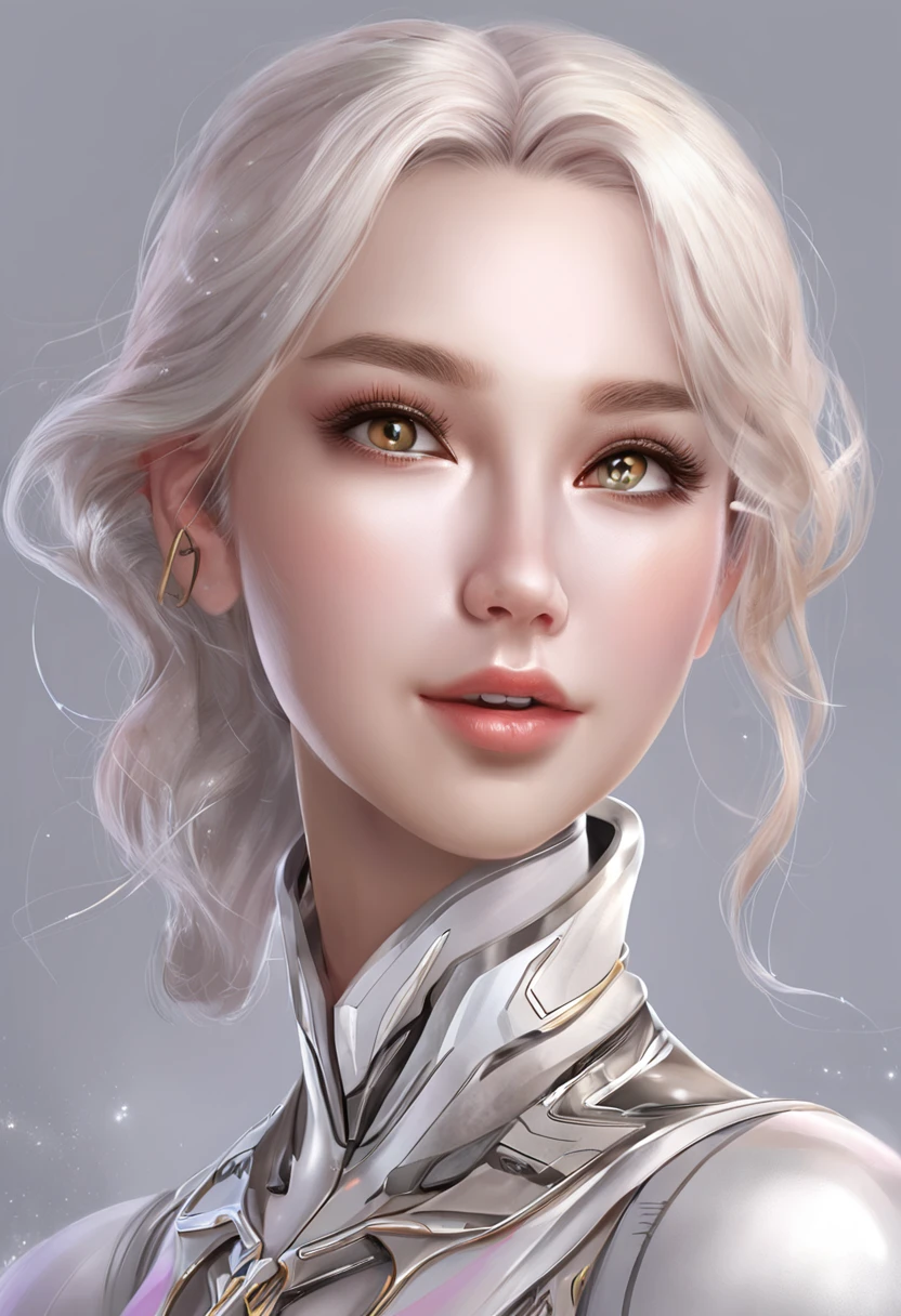 Hyper-realistic，Live-action photo，Stunning beauty，half-body shots，One wearing a pink metal mechanical skirt on a solid background，Silver-white shawl haired woman, 3 D rendering character art 8 K, Cyborg - Girl with white hair, beautiful female android!, beautiful female android, perfect android girl, beautiful android woman, smooth digital concept art, smooth 3d cg render,, sci - fi character, Beautiful robot character design，ssmile，largeeyes，The upper part of the body，cute delicate face, Extremely beautiful face, beautiful delicate face, Stunning anime face portrait, beautiful aesthetic face, Detailed beautiful face, girl cute-fine face, Realistic beautiful face, Beautiful realistic face, beautiful and realistic faces, girl with white eyes，Right shoulders，Blue has God's eyes，Ultra-delicate smooth skin，Asian face shape，Girl futuristic white and pink shiny metallic silver white long dress，Smile without showing your teeth，ssmile，二重まぶた，Purple pupils，largeeyes，Clear strands of hair，Show your upper body，Elongated arms，White skin of the，True ambient colors，20 years old young face，The eyes are crystal clear，Shorten the interpupillary distance，smiling at her lips，Happy expression，purple eyeshadow，Straight nose，rosy lips，Complete facial features，18-year-old girl，Erotic smile，A full-face photo of the front of the face，Bright surroundings，Dress conservatively，Smooth skin，Shawl hair