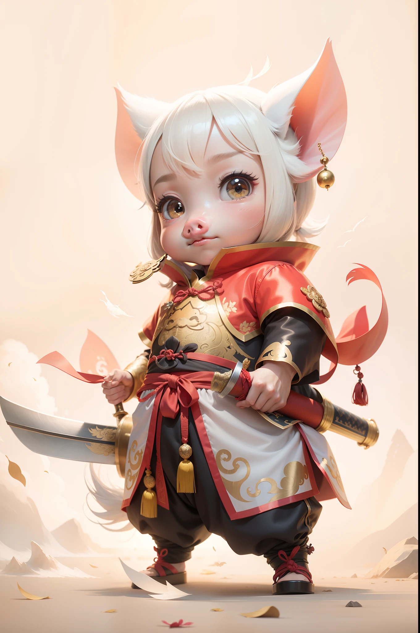 Cute little pig, Chinese Ming Dynasty flying fish costume, martial arts novel, holding a long sword, national style