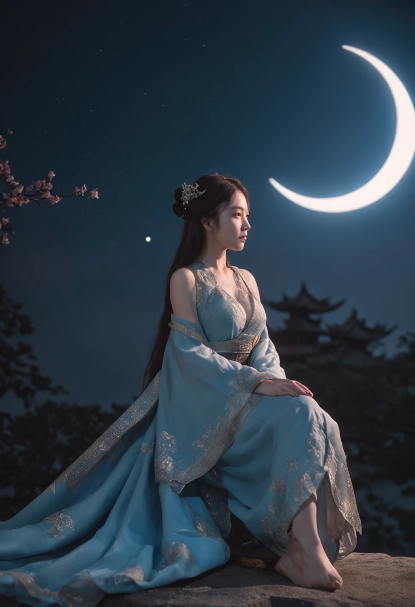 in a panoramic view,magic realism, anime big breast,Masterpiece, hyper HD, Super detail, High details, Best quality, A high resolution, A high resolution, Award-Awarded, Award-Awarded, Anatomically correct, 8K,),(full moon,holding hands in the moonlight,Peaceful night sky in the background,Traditional romance, xianxia fantasy, Chinese fantasy, beautiful moonlight night, Chinese style, moonlit night dreamy atmosphere),(Boy in blue and anime girl in red dress:1.5,Delicate girl,beuaty girl,Chinese Hanfu,inspired by Leng Mei,Romantic atmosphere:1.5,Cinematic lighting,Chinese premium color scheme)