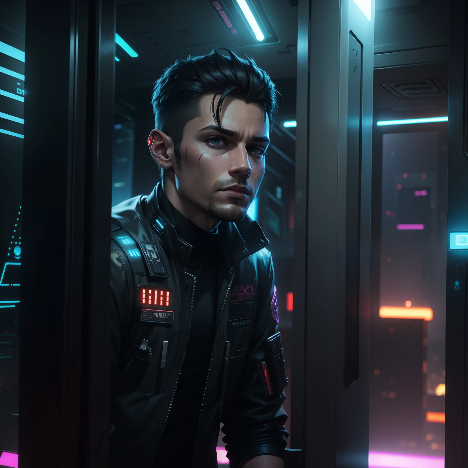 Make a scifi background, cyberpunk, handsome boy, realistic face,8k realistic resulation