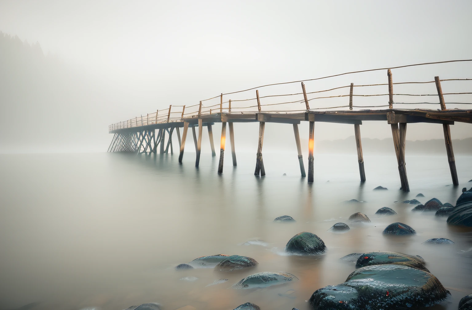 arafed wooden bridge over water with rocks and a person walking on it, long exposure time, long exposure photograph, long exposure photo, long exposure shot, long exposure photography, long exposure, under a gray foggy sky, near a jetty, serene overcast atmosphere, foggy photo 8 k, long exposure 8 k, misty weather, misty mood, complex and desaturated