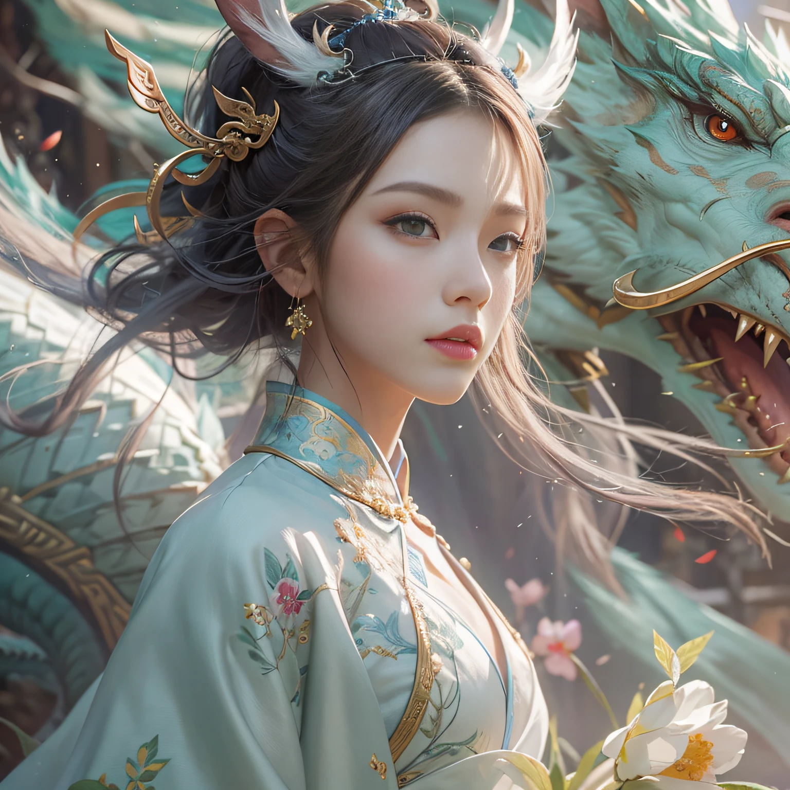 tmasterpiece，HighestQuali，8K，Cinema lenses，closeup cleavage，A boy befriends a Chinese dragon，A detailed，high qulity，Hanfu，Ride，hugs