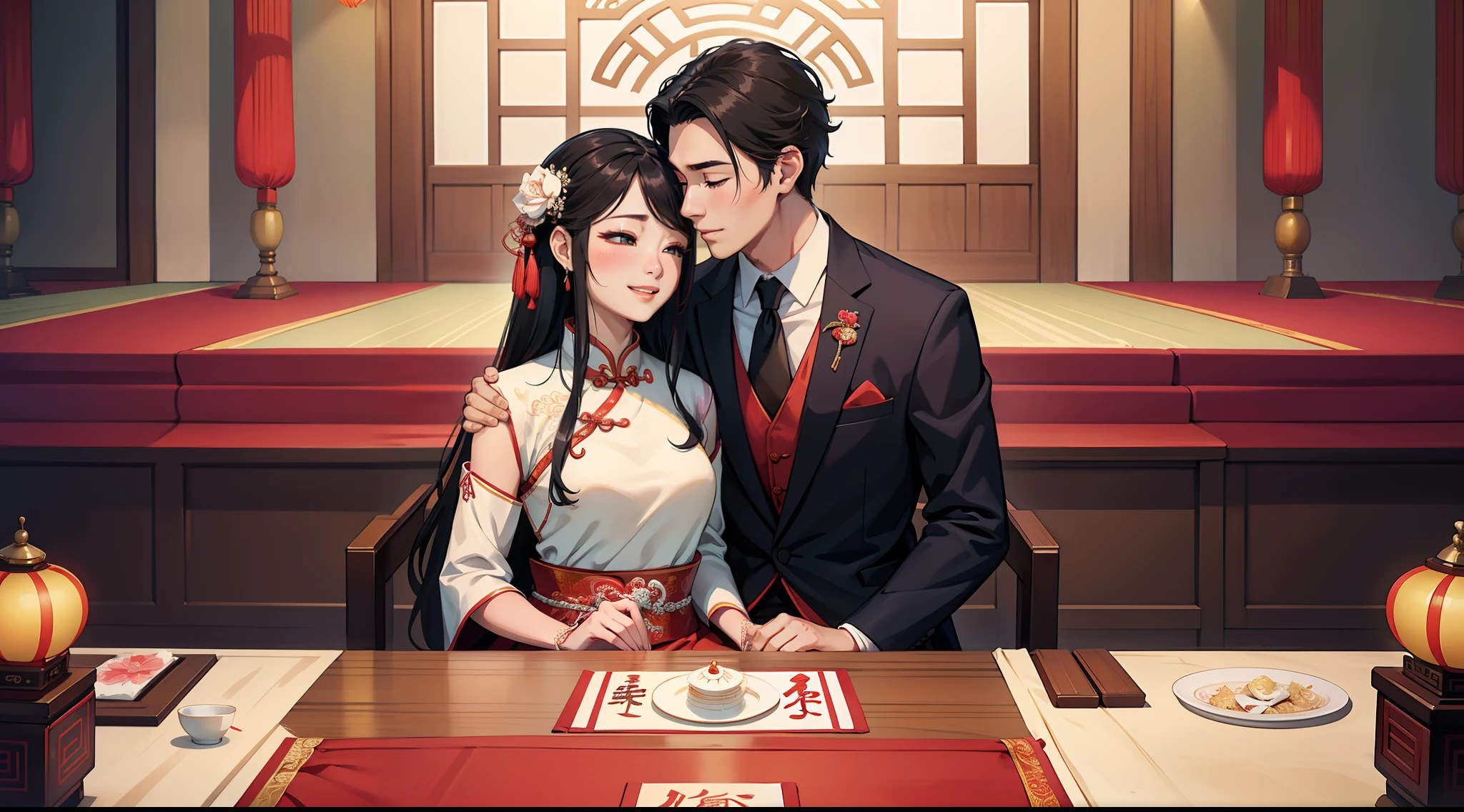 best quality, 1 boy, 1 girl, traditional chinese wedding, beautiful, wedding banquet hall, happy, vibrant colors, soft tones, clean lines, realism, the best illustration by top artists, uhd, 8k