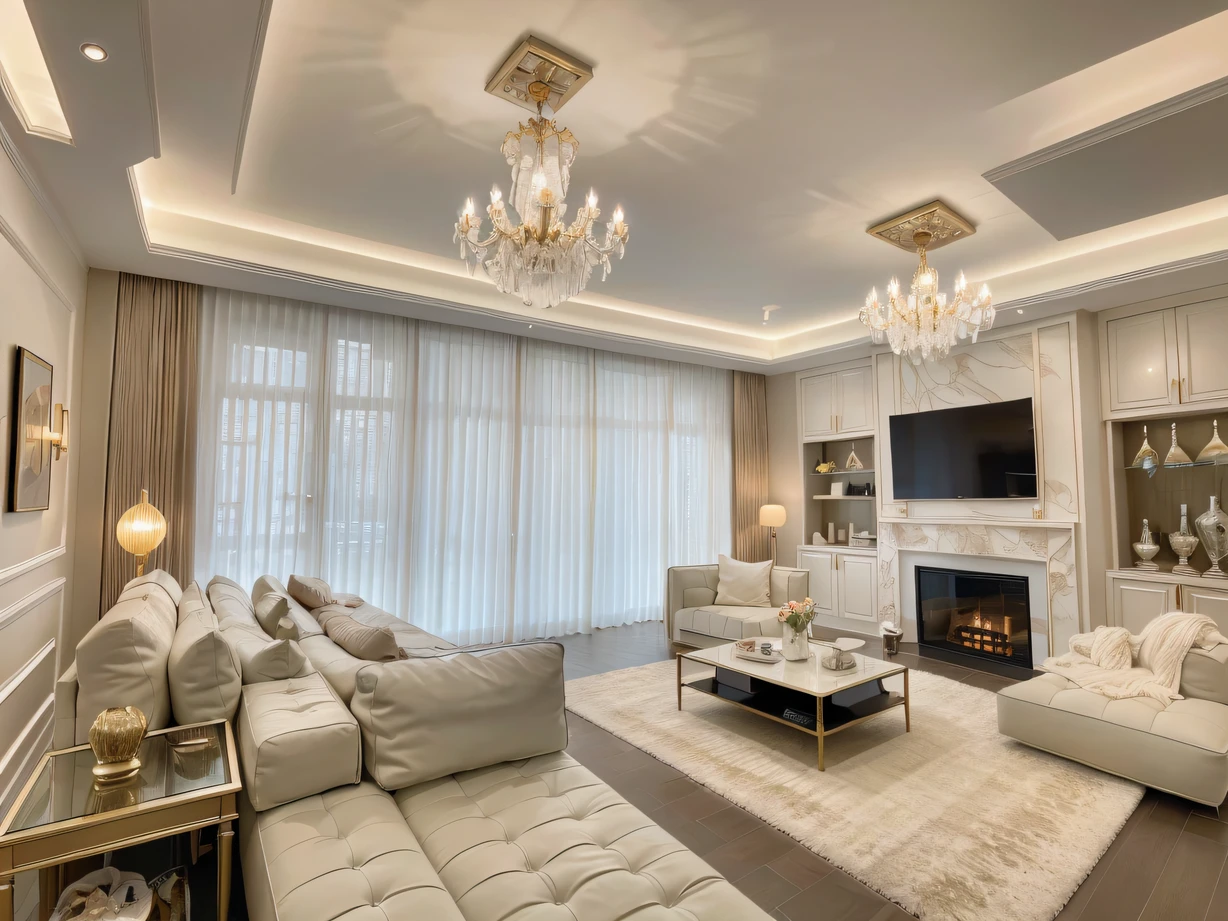 ,masterpiece, best quality,8k, ultra highres,Reallightandshadow,Step into this luxurious and exclusive living room,It's as if you've arrived at a mysterious castle。The soft sofas by the fireplace are decorated with delicate throw pillows,As if inviting you to lie down and enjoy a moment of tranquility。In the center of the living room is a coffee table full of design,Rare treasures are on display,Exudes a charming glow。Ambilight chandeliers hang from high ceilings,Illuminate the entire room,It's as if the stars are shining above you。The light shining through behind the curtains creates a picturesque landscape,Combining the beauty of nature with the luxury of interiors。On the wall hangs an imposing oil painting,Let you feel the charm of the magnificent mountains。By this time,Gaze at the scene,You can't help but immerse yourself in the fantastical atmosphere,As if becoming a court aristocracy,Looking for your own romantic story。