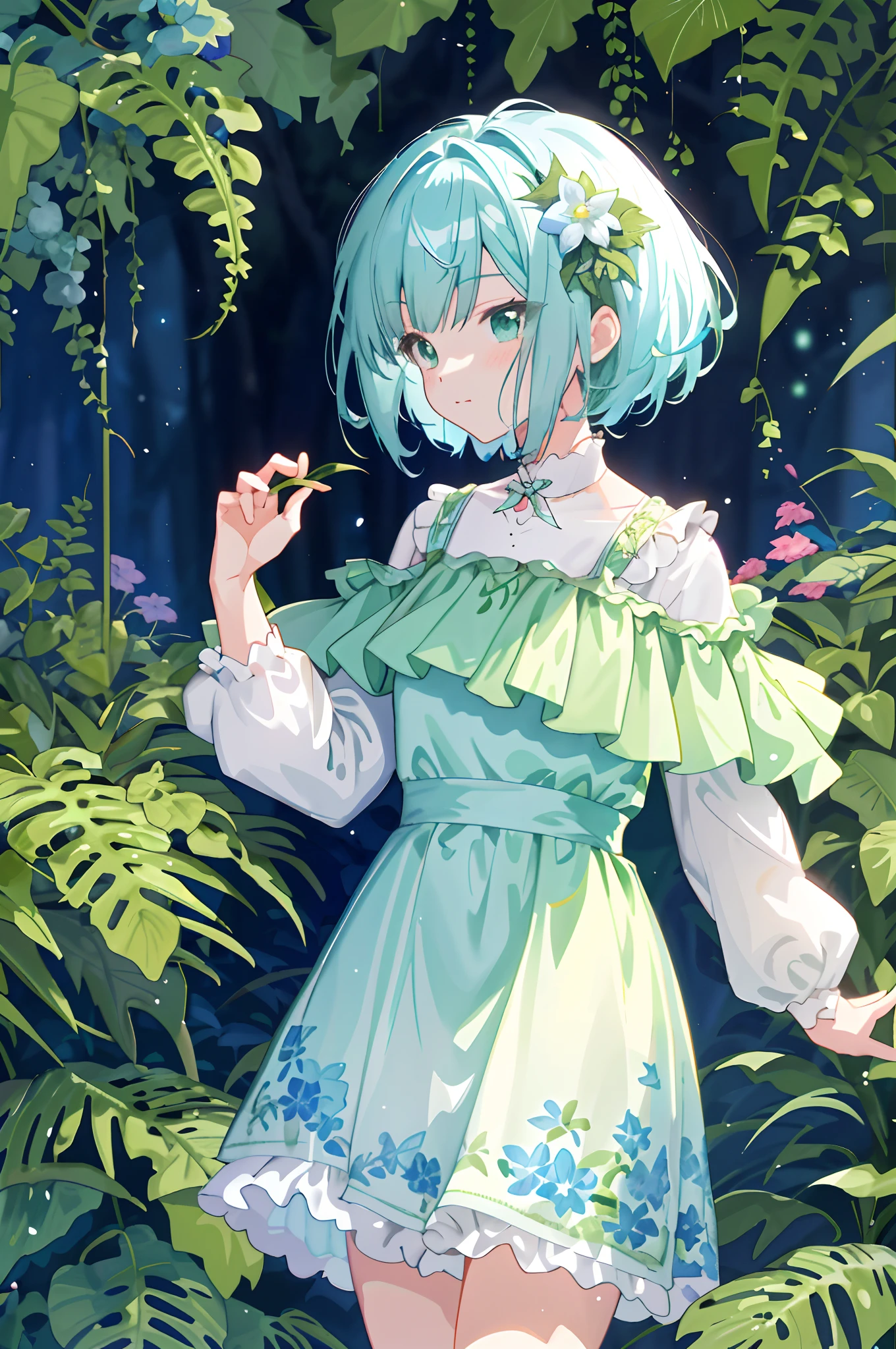 anime girl in a green dress standing in a garden with plants, loli in dress, anime style 4 k, anime art wallpaper 8 k, trending on artstation pixiv, anime art wallpaper 4 k, anime art wallpaper 4k, cyan and green, clean detailed anime art, anime girl with teal hair, anime lush john 8k woods, hide hand behind back