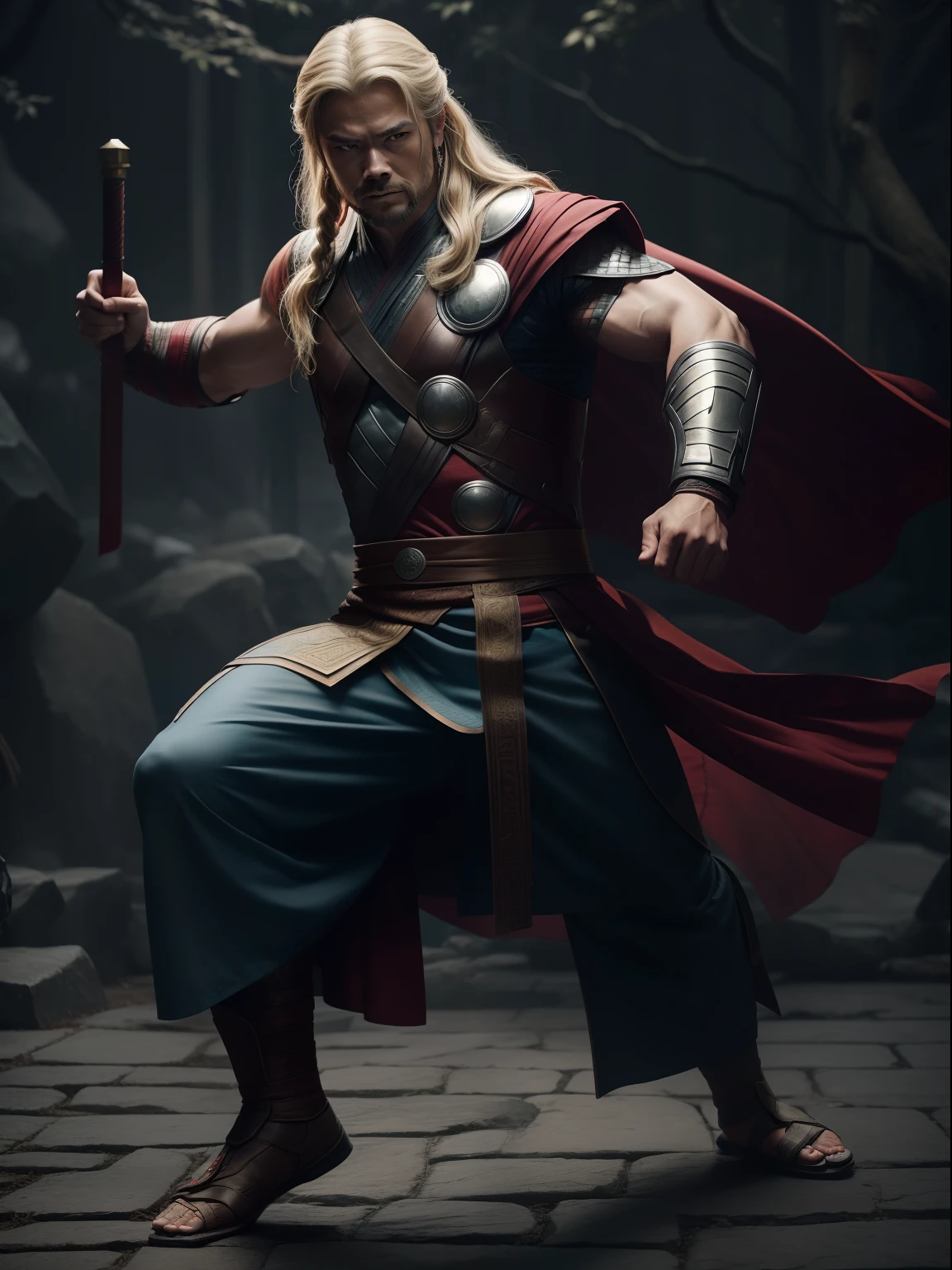 A thor as a Chinese kungfu master wearing a typical Chinese kungfu master's clothes, cinematic, extreem realistic, extreem detailed, extreem Sharp, full body shot