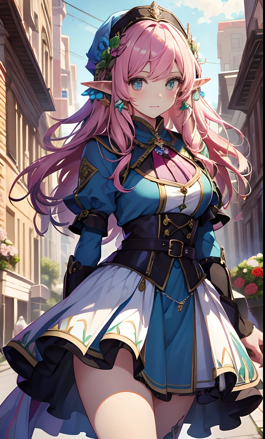 best qualityer,tmasterpiece,Ultimate resolution,downy,Extremely colorful,Colorful,western regions,elf girl, Dancer,pink hairbl,dress costumes,flowers in hair, veils,Normal posture