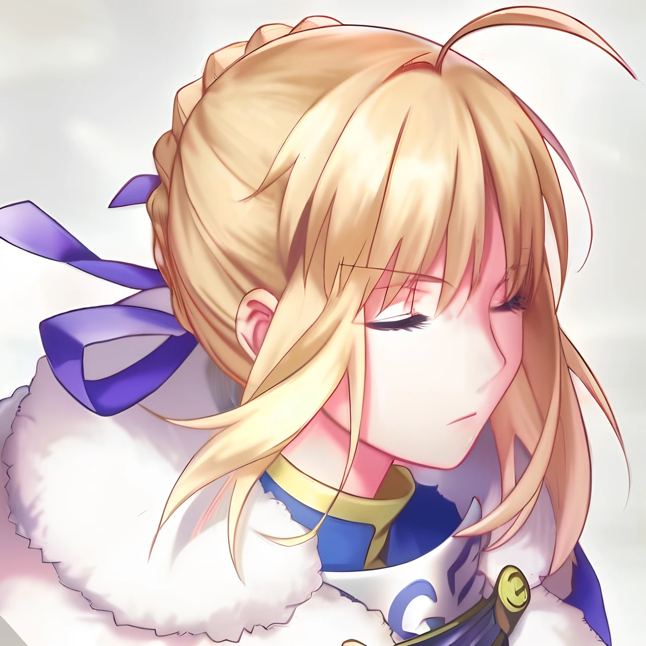 Anime girl with blonde hair and blue collar dress with white fur coat, Artoria Pendragon, anime style like fate/stay night, fate grand order, fate / stay night, fate stay night, inspired by Li Chevalier, marisa kirisame, fate/Zero, fate zero, blond-haired princess, Alicization, shikamimi, alchemist girl