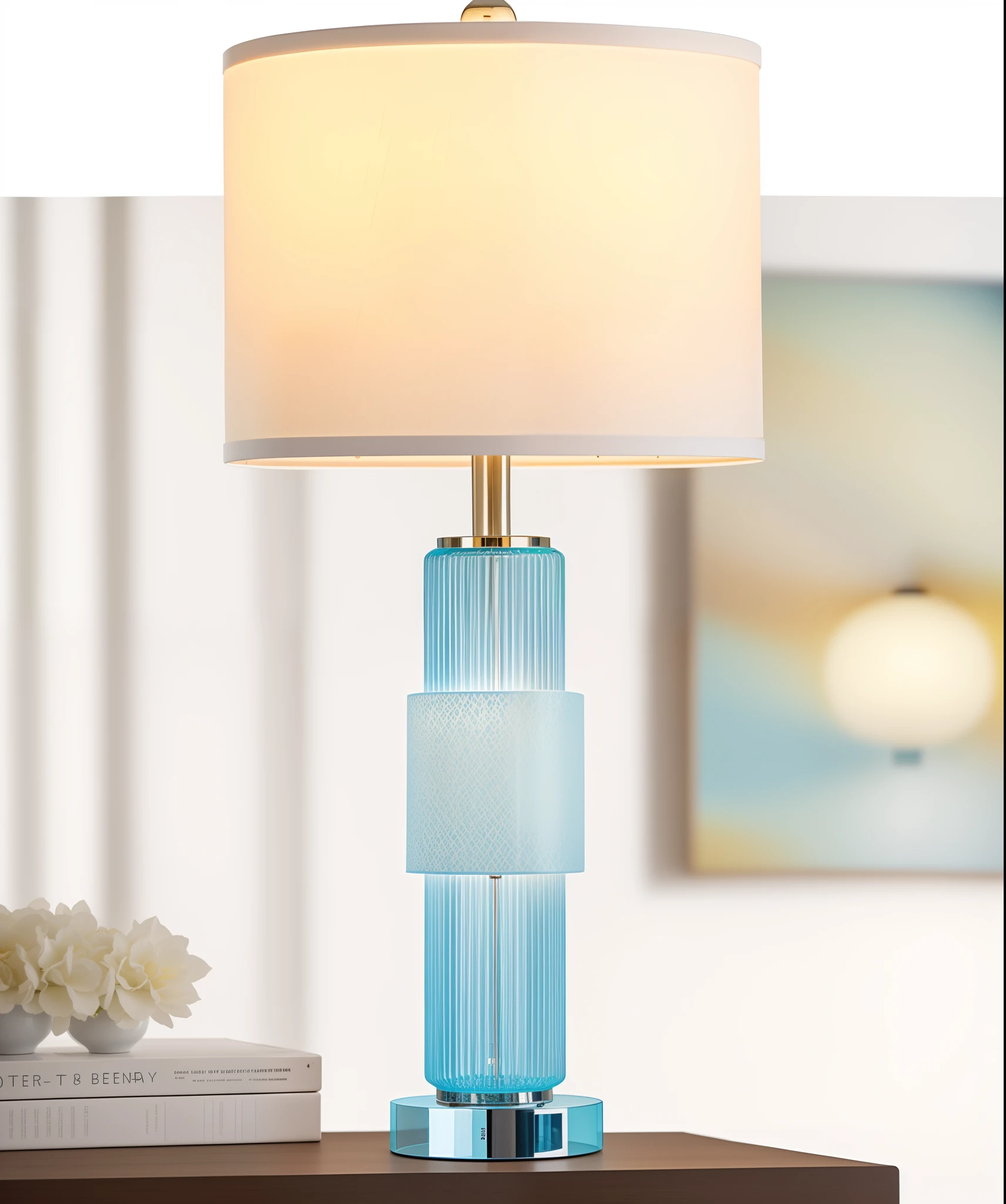 There was a blue glass lamp on the table,Shades of white, famous designer lamp, The standing lights are luxurious, light fixtures, light blues, mellow sky blue lighting, soft blue light, table light, with blue light inside, stylish lighting, Blu-ray accents, Blue light, extremely good quality lighting, lamp lights, exceptional lighting, Light blue, bright and vivid lighting, teal lighting