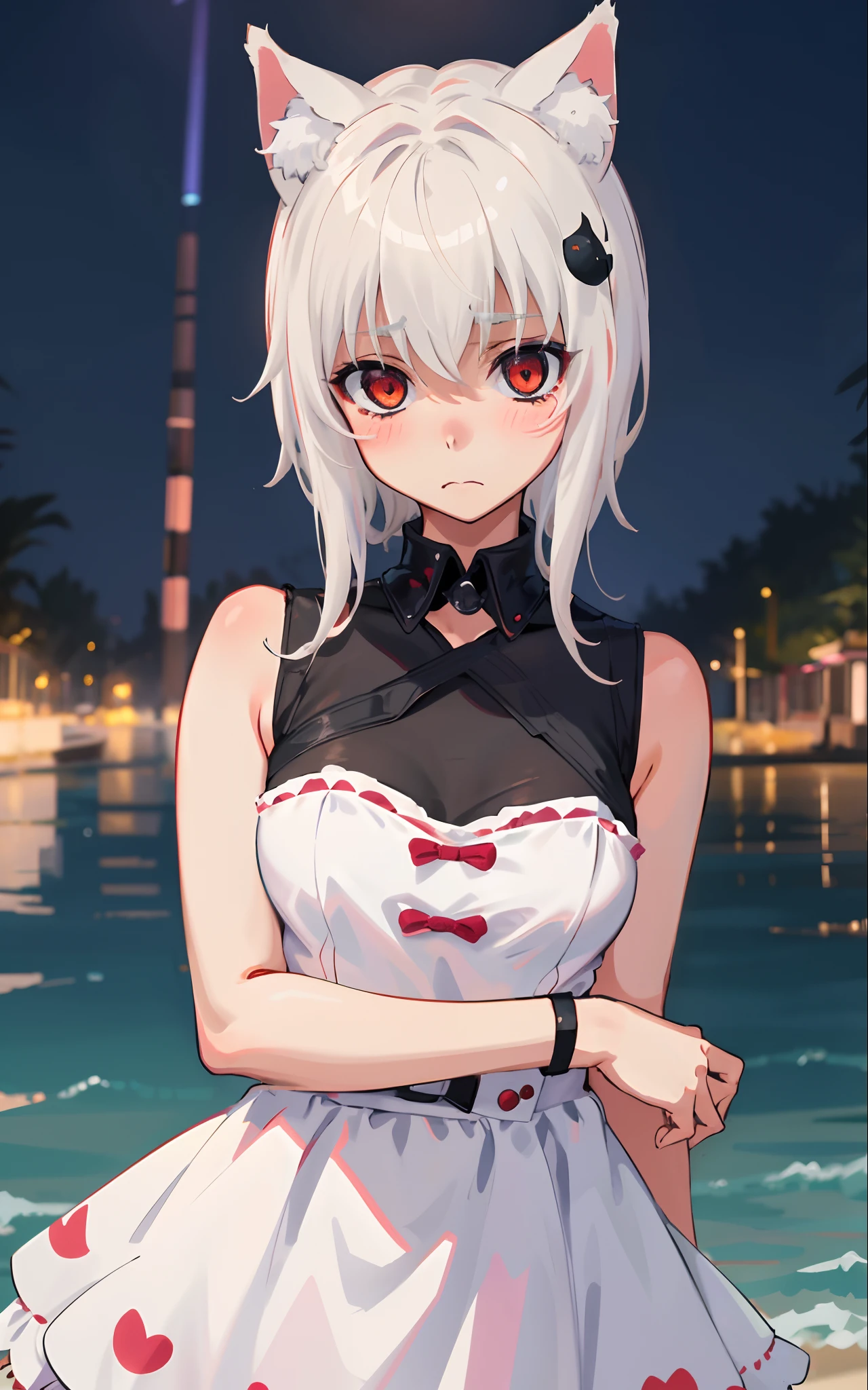 Best quality, (masterpiece:1.2), highly detailed, standing, beach, cat ears, 1girl, solo, tojo koneko, looking at the viewer, closed mouth, (upper body:1.2), medium breasts, red eyes, white hair, short hair, hair decoration, elegant dress, erotica, blushed, simple background, blood, 20 years old