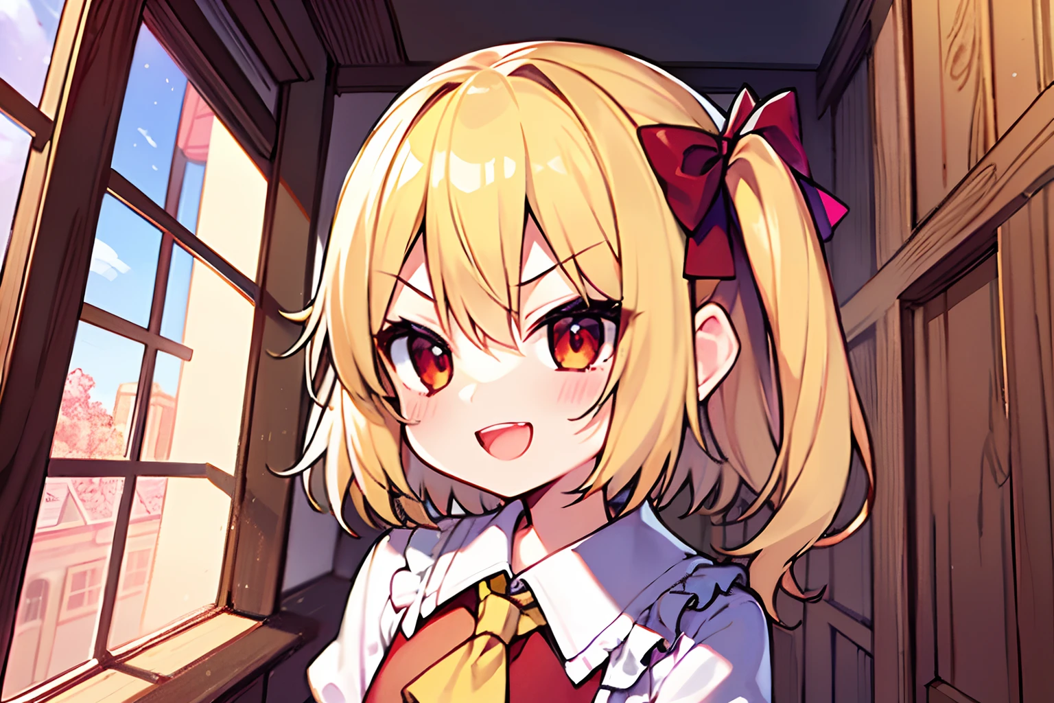 One Person、(Flandre Scarlet)、Petite、One girl、Mean smile、shortsleeves、Opening Mouth、a blond