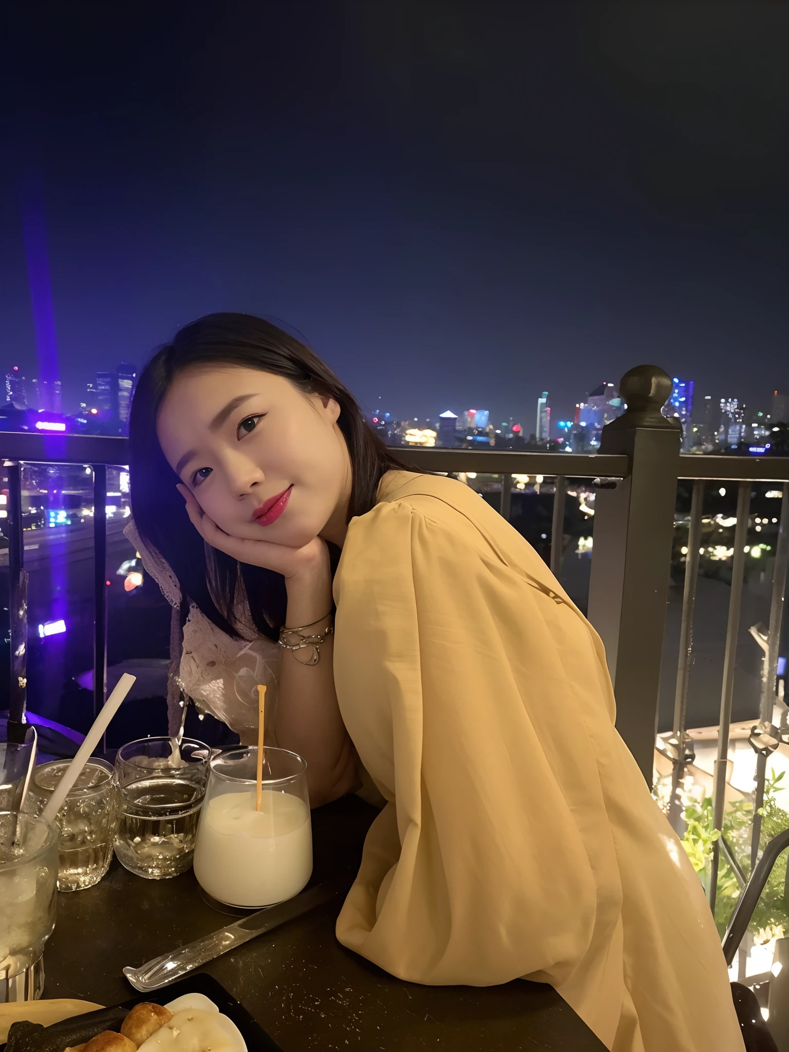 woman sitting at a table with a glass of milk and a plate of food, dang my linh, mai anh tran, with sunset, with a drink, on rooftop, captured on canon eos r 6, in night, taken with canon eos 5 d mark iv, taken with sony alpha 9, taken in 2 0 2 0, taken with canon 8 0 d