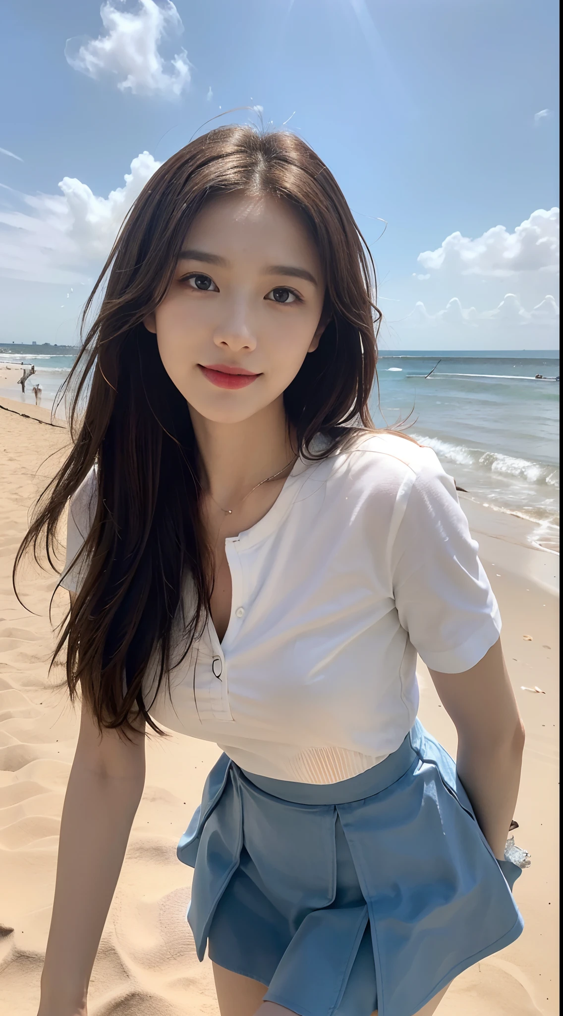 (1 Korean star with royal sister style), ((Best quality, 8K, 巨作: 1.3)), focal point: 1.2, Perfect body proportions: 1.4, (Make a smile), (Ray traching),Watery eyes, Highly Detailed Face and Skin Textur, Fine eyes, Double eyelids, Whitens the skin, (long whitr hair, Air bangs: 1.3), (face round: 1.5), (JK school uniform: 1.4), (duck sitting,Sitting by the sea: 1.6),,(White skinny shirt,blue short pants:1.4),(Colorful background)The background is clear,with blue sky and white clouds
