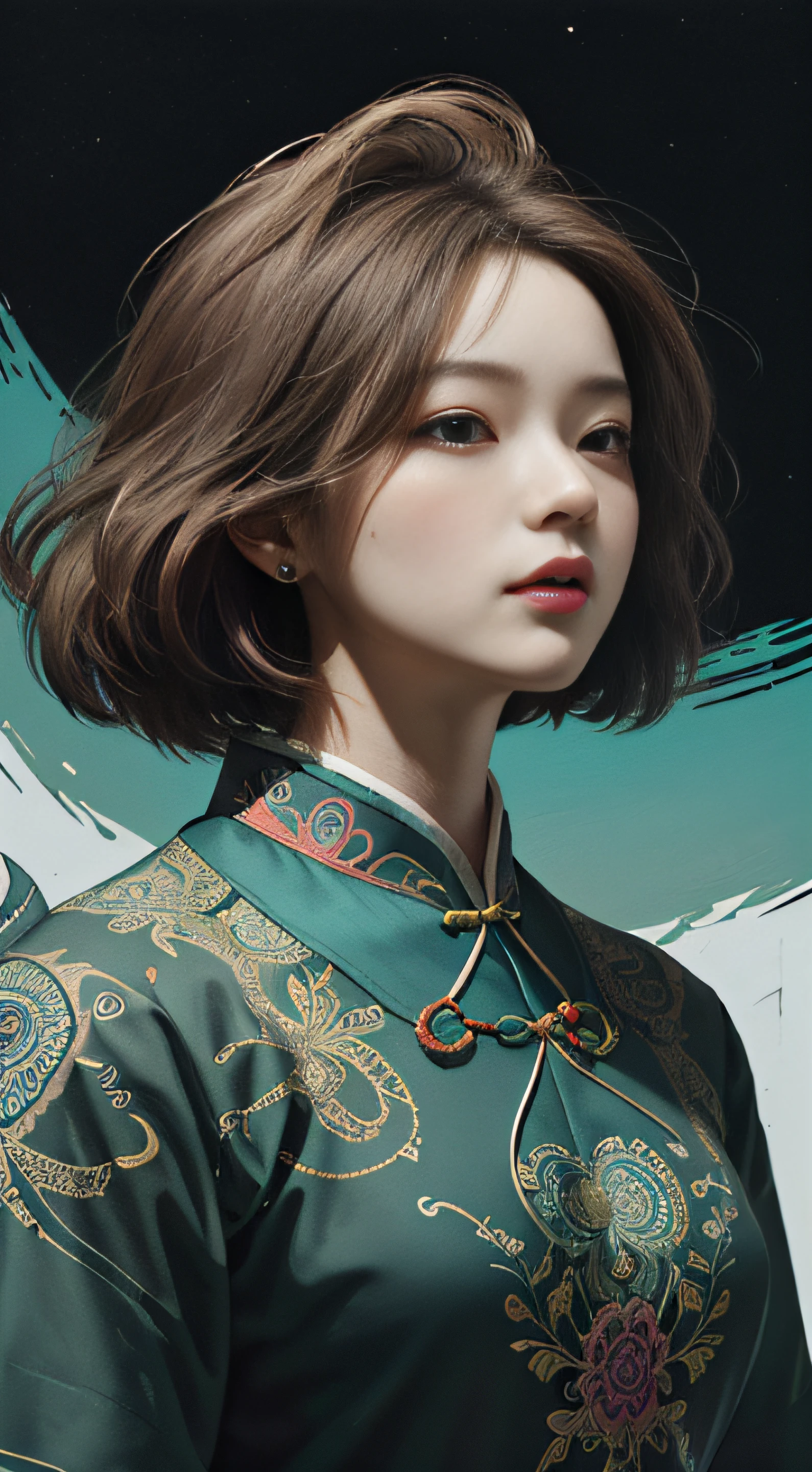 offcial art, Unity 8k wallpaper, Ultra detailed, Beautiful and aesthetic,Beautiful, Masterpiece, Best quality, (zentangle, mandalas, Tangled, entangle), Dynamic Angle, cow boy shot, The most beautiful form of chaos, elegant, Fauvistdesign, vivd colour, romanticism lain, author:James Jean, roby dwi antono, ross tran, Francis Bacon, Michal Mraz, adrian ghenie, petra cortright, Gerhard Richter, Takato Yamamoto, Ashley Wood, Atmospheric, enjoy a stream of music,on cheongsam,Chinese style,Taoist,Triangular black hole