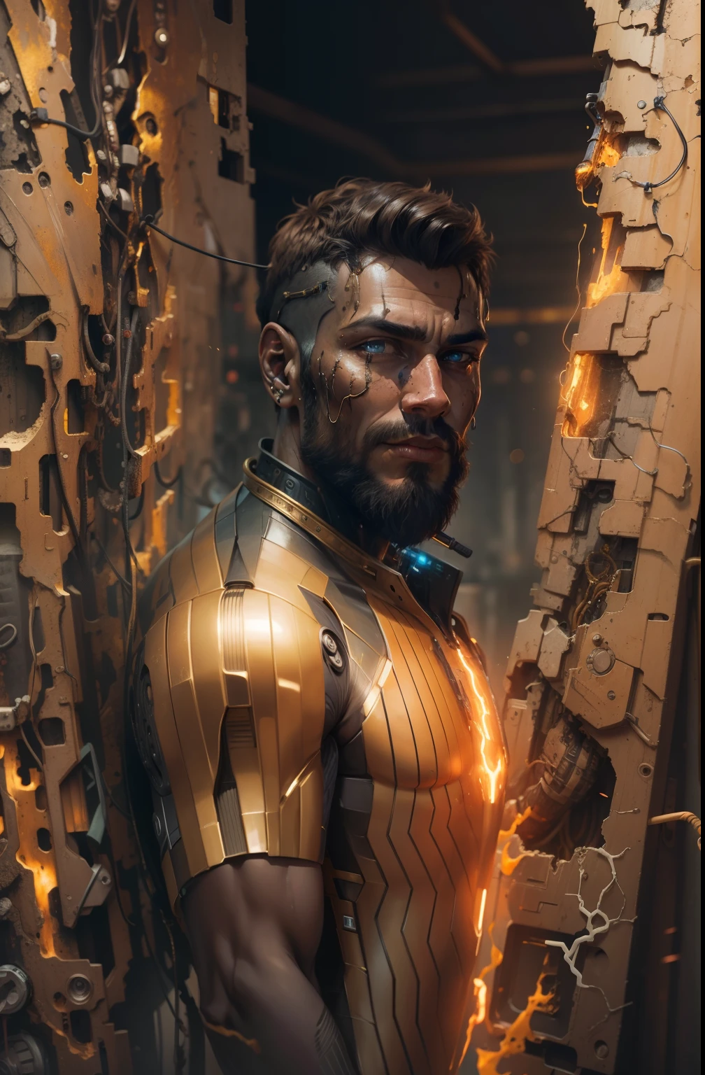 cyborg man portrait, exposed wires, gold oil leaking from rusty wires don't change face