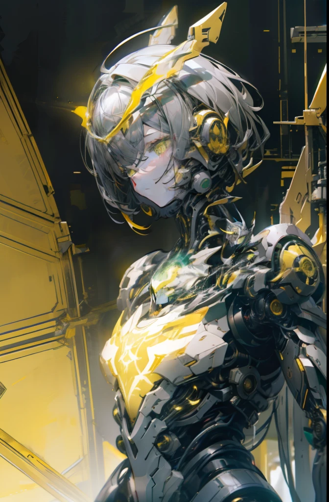 masterpiece、top-quality、ultra-detailliert、very detailed illustration、ighly detailed、intricate-detail、hight resolution、super complex details、Highly detailed 8K CG、Caustics、Reflectors、Ray traching、1girl in:1.4)、独奏、Alone、(yellow_theme:1.3)、(Gray_theme:1.3)、(mecha musume、machine components、Robot Joint、echanical arms、mechanical legs、head gear、Complex mechanical bodysuit、Mechanical Energy Wing、mechanical wings、Electromechanical parts、Cyber Parts、robotics、System Dynamics)、(robe)、Slightly short hair、A dark-haired、 verd s eyes(Refreshing greenery)、radiant eyes、Eye trajectory、random facial expression、TOKYOcty(Shibuya)、城市、Night time、Sateen、((Neon light、Sour Neon Lights))、(细致背景、Futuristic cities、Green grass、Skysky)、((masterpiece))、absurderes、nffsw、(Classic Headshot Pose)、cyberpunkcity、masterpiece、hight resolution、A detailed、