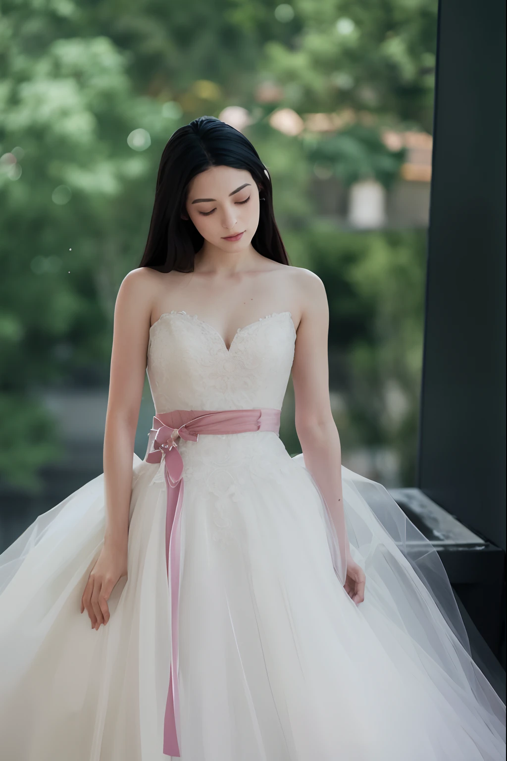 Arapei woman in wedding dress standing on the balcony, Wearing a wedding dress, soft elegant gown, wearing organza gown, wearing ivory colour dress, Dressed in elegant dresses, Wedding dress, Beautiful wedding dress, beautiful gown, dressed beautiful gown, wearing stunning ivory dress, Romantic dress, with a thin waist, romantic gown, kaftan, Wearing a gorgeous dress
