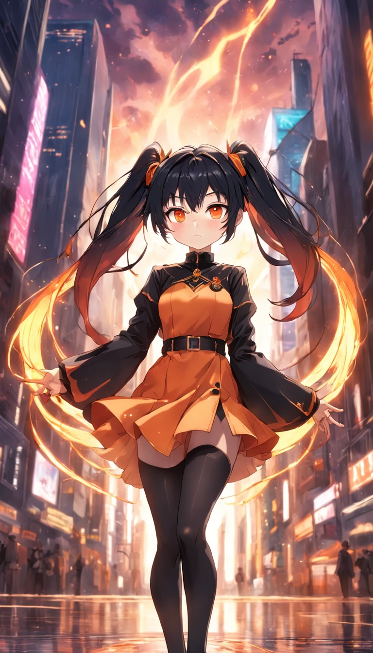 ember,19years old,black color hair,figure eight bangs,quadratic element,Orange eyes,Melon seed face,gold-wire glasses,Black suit dress,Two-dimensional city background,nevando,rays of sunshine