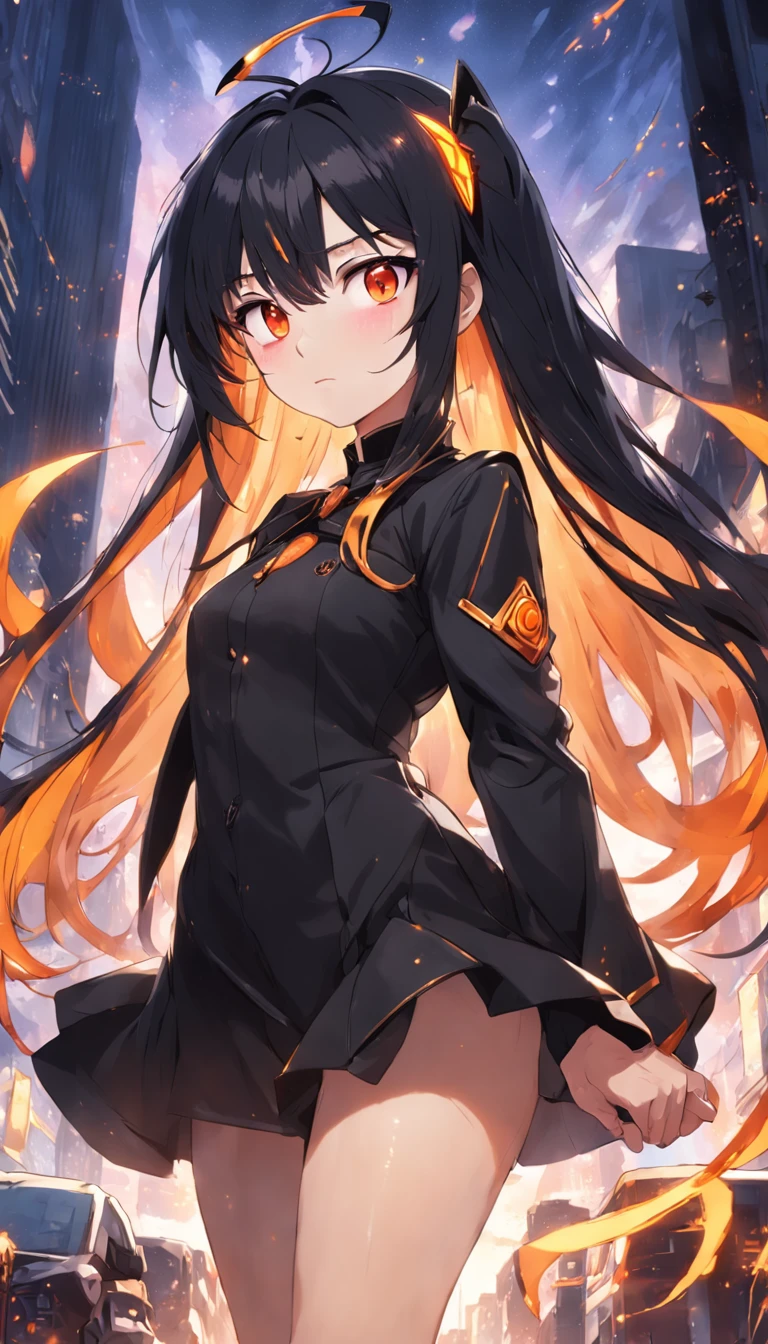 ember,19years old,black color hair,figure eight bangs,quadratic element,Orange eyes,Melon seed face,gold-wire glasses,Black suit dress,Two-dimensional city background,nevando,rays of sunshine